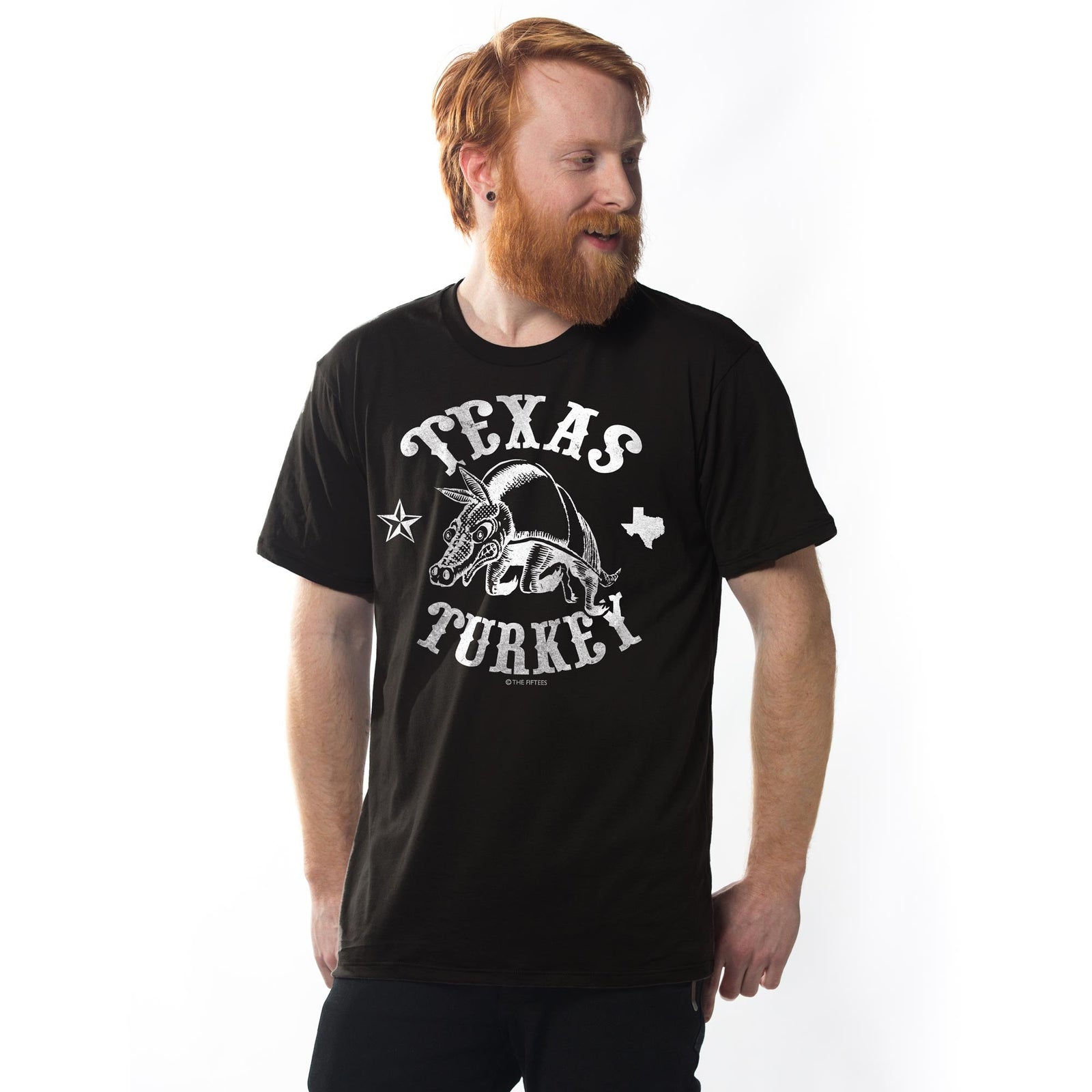 Men's Texas Turkey Funny Graphic T-Shirt | Vintage Tx Armadillo Tee on Model | Solid Threads