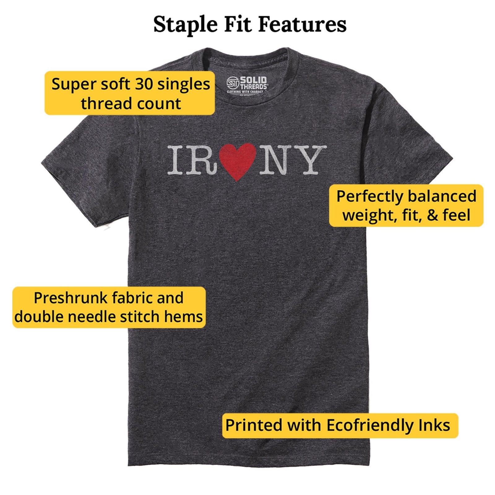 Nyc Irony Funny Staple T-shirt in Charcoal Heather - Fit Attributes