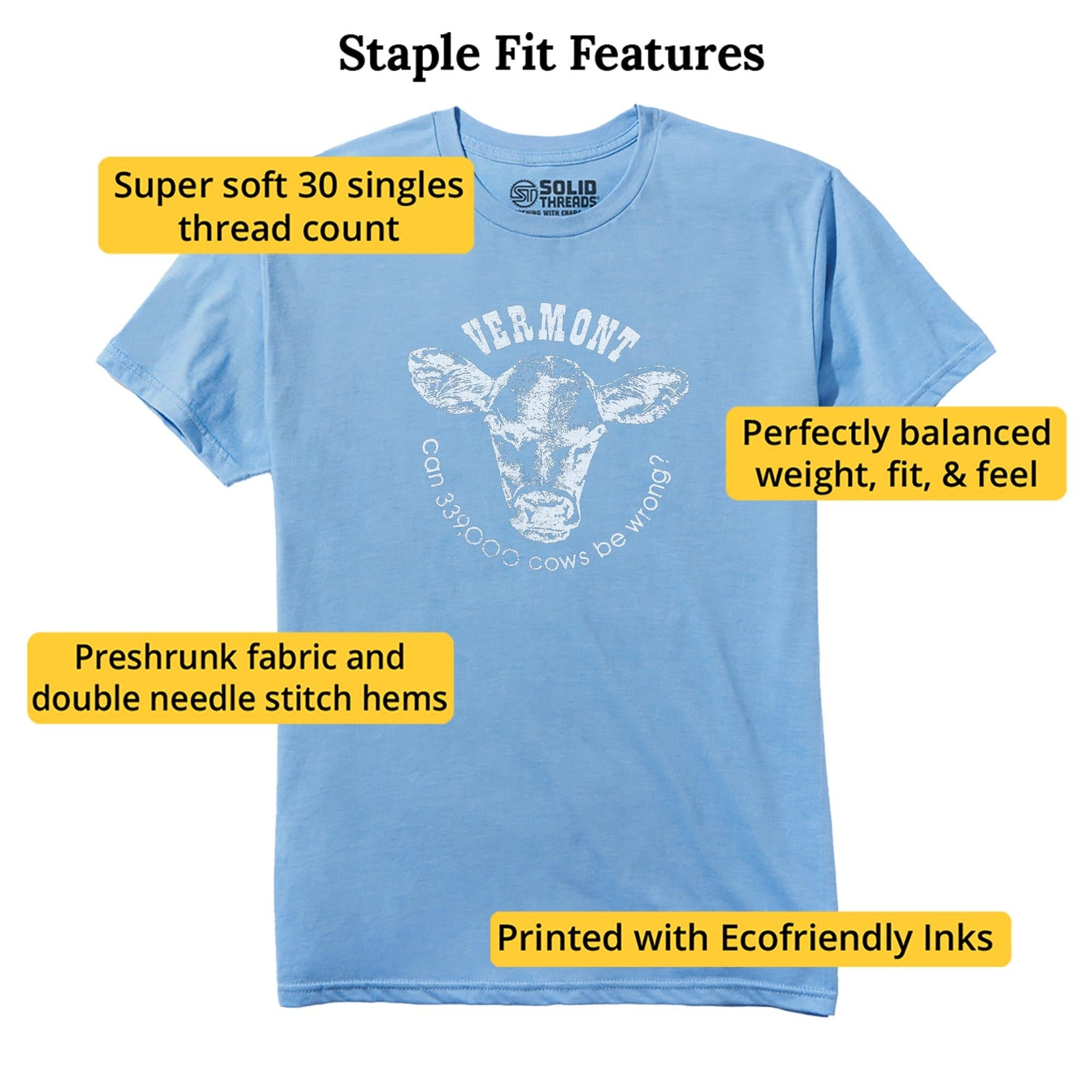 Vermont Cows Funny Staple T-shirt in Light Blue Heather - Fit Attributes