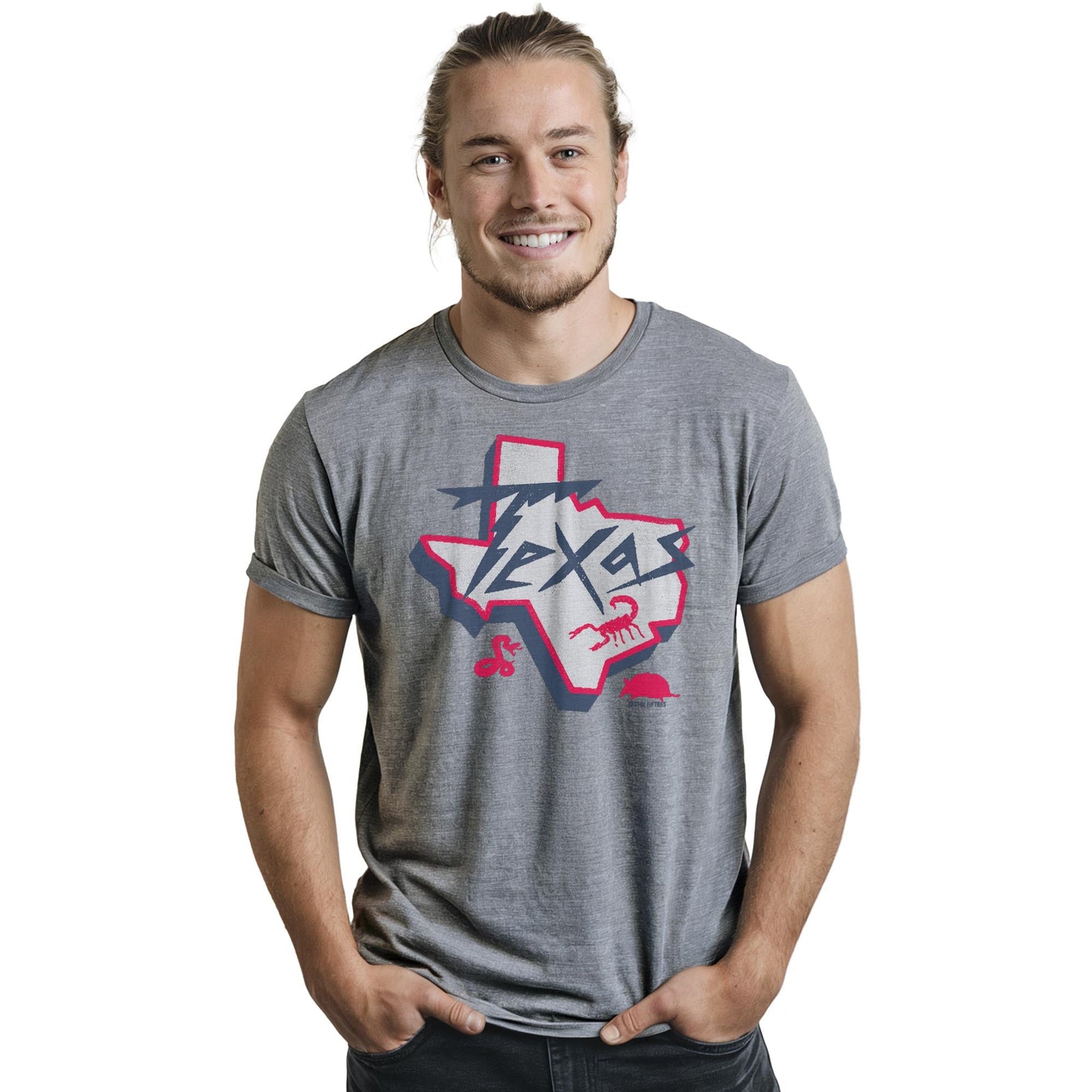 Texas Critters Funny Staple T-shirt in Ash Heather On Model - Front View