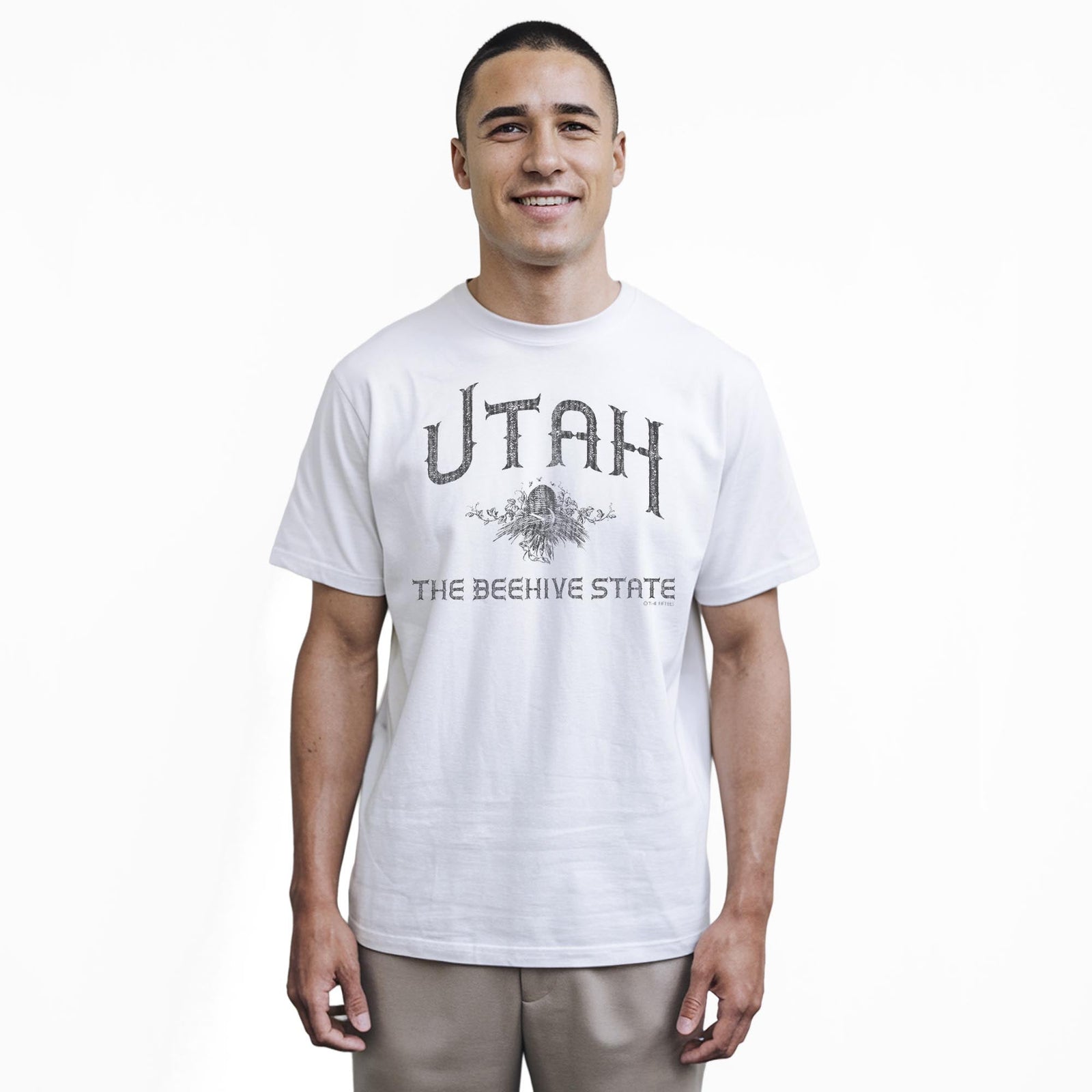 The Honeybee State Cool Staple T-shirt in White On Model - Front View