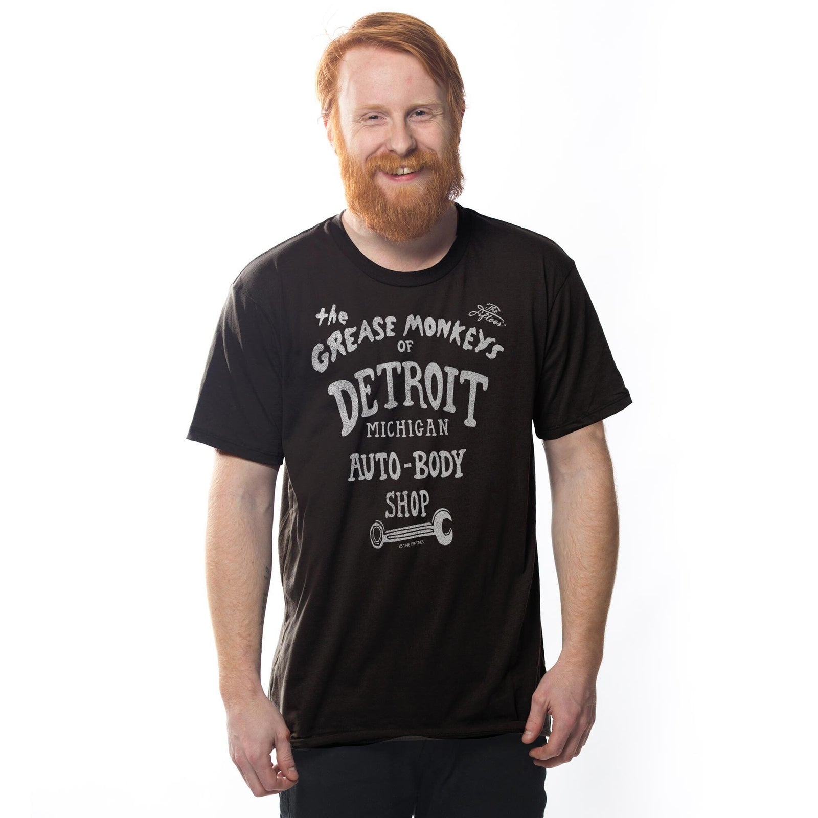 Men's Grease-Monkey Funny Graphic T-Shirt | Vintage MI Detroit Tee on Model | Solid Threads