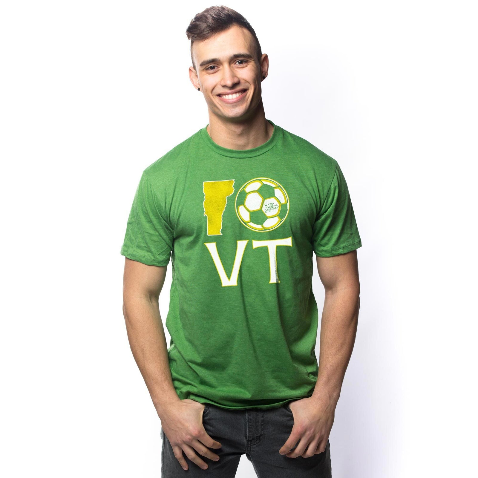 Men's Vermont-Soccer Cool Graphic T-Shirt | Vintage VT Sports Tee on Model | Solid Threads