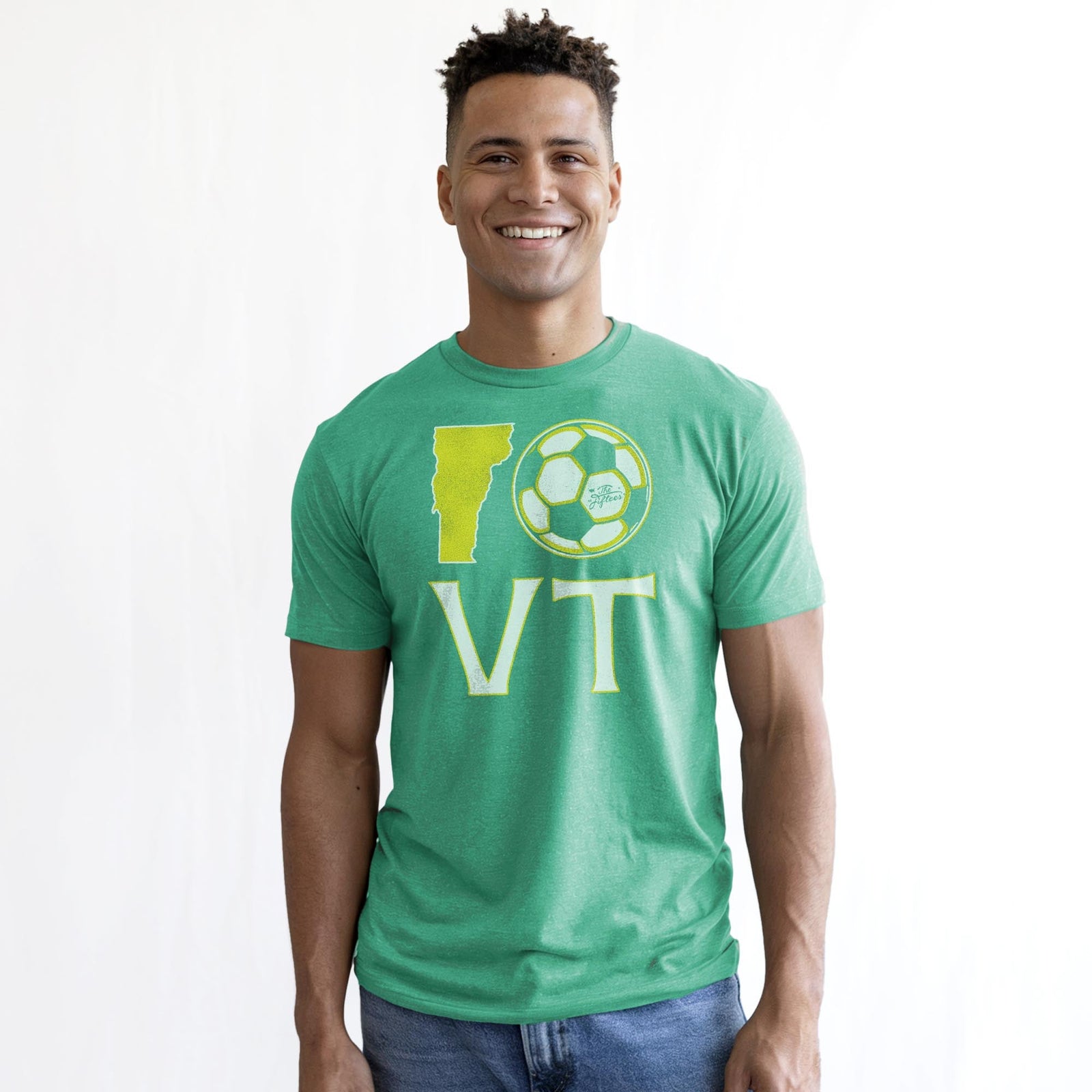 Vermont Soccer Cool Staple T-shirt in Kelly Heather On Model - Front View