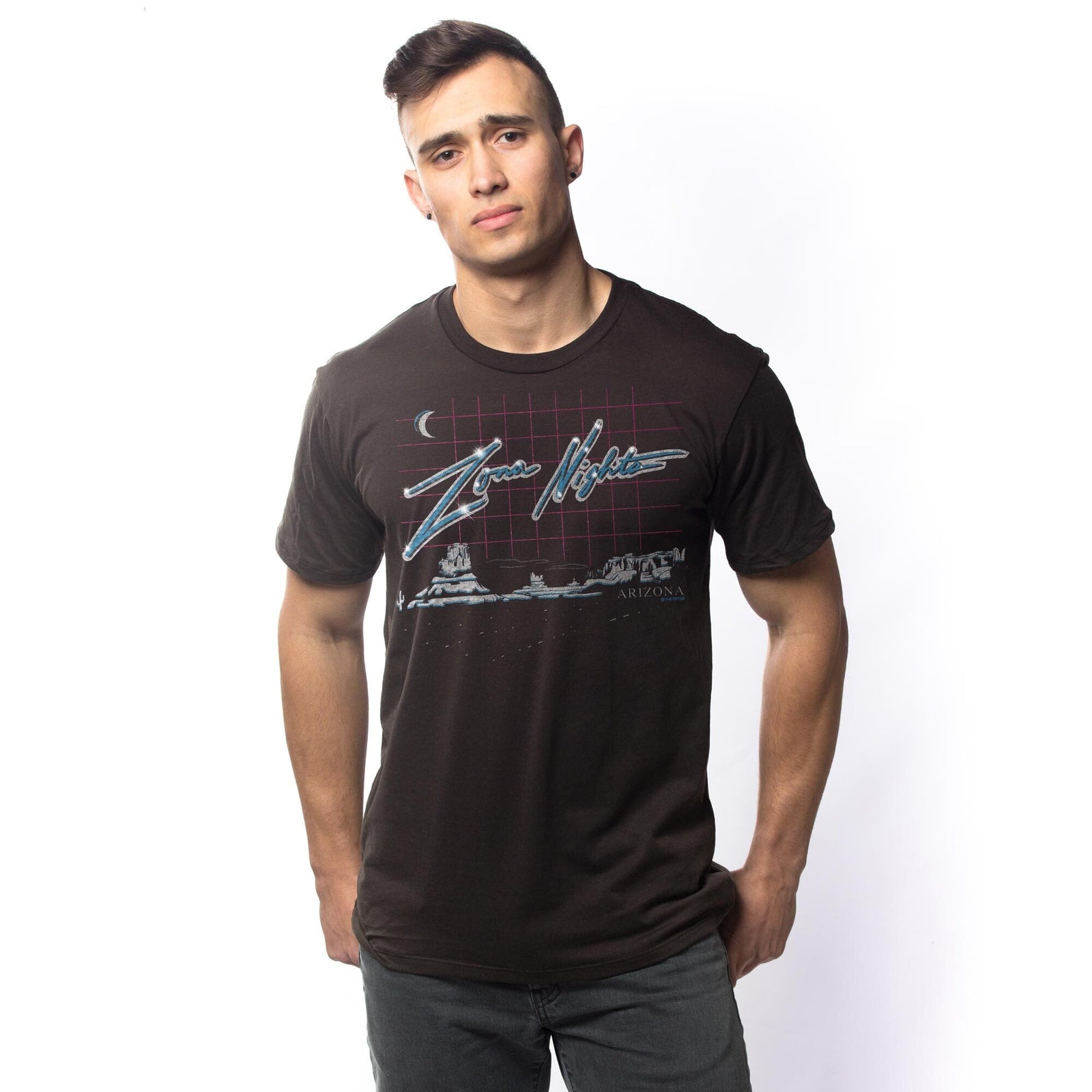 Men's Zona-Nights Cool Graphic T-Shirt | Vintage AZ Desert Tee on Model | Solid Threads