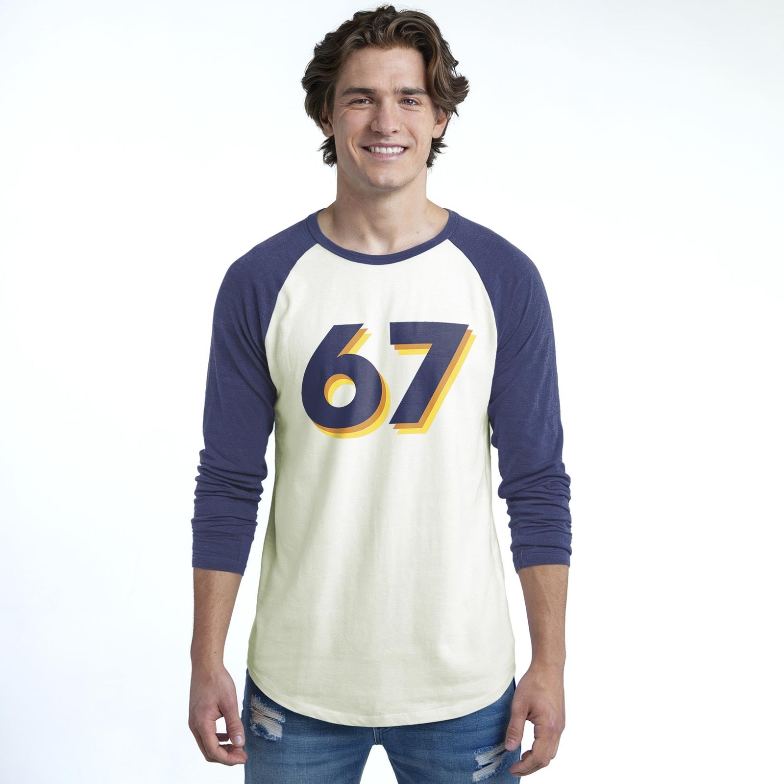 67 Jersey Long Sleeve Baseball T Shirt | Funny Meme Graphic Raglan Tee on Model | Solid Threads