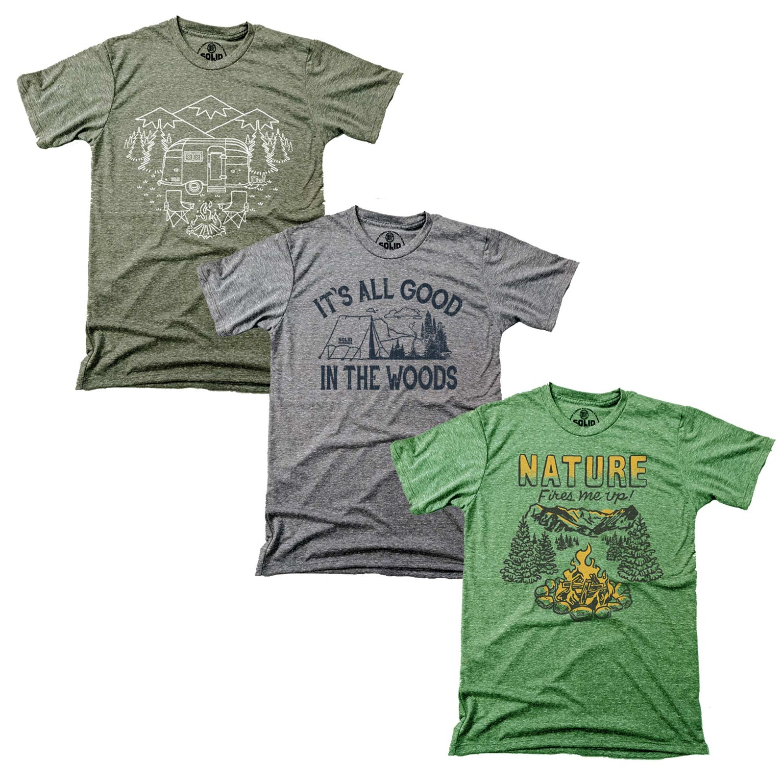 Men's Camping-T-Shirt-Series-Set Cool Graphic | Nature Lover Gift Bundle On Model | Solid Threads