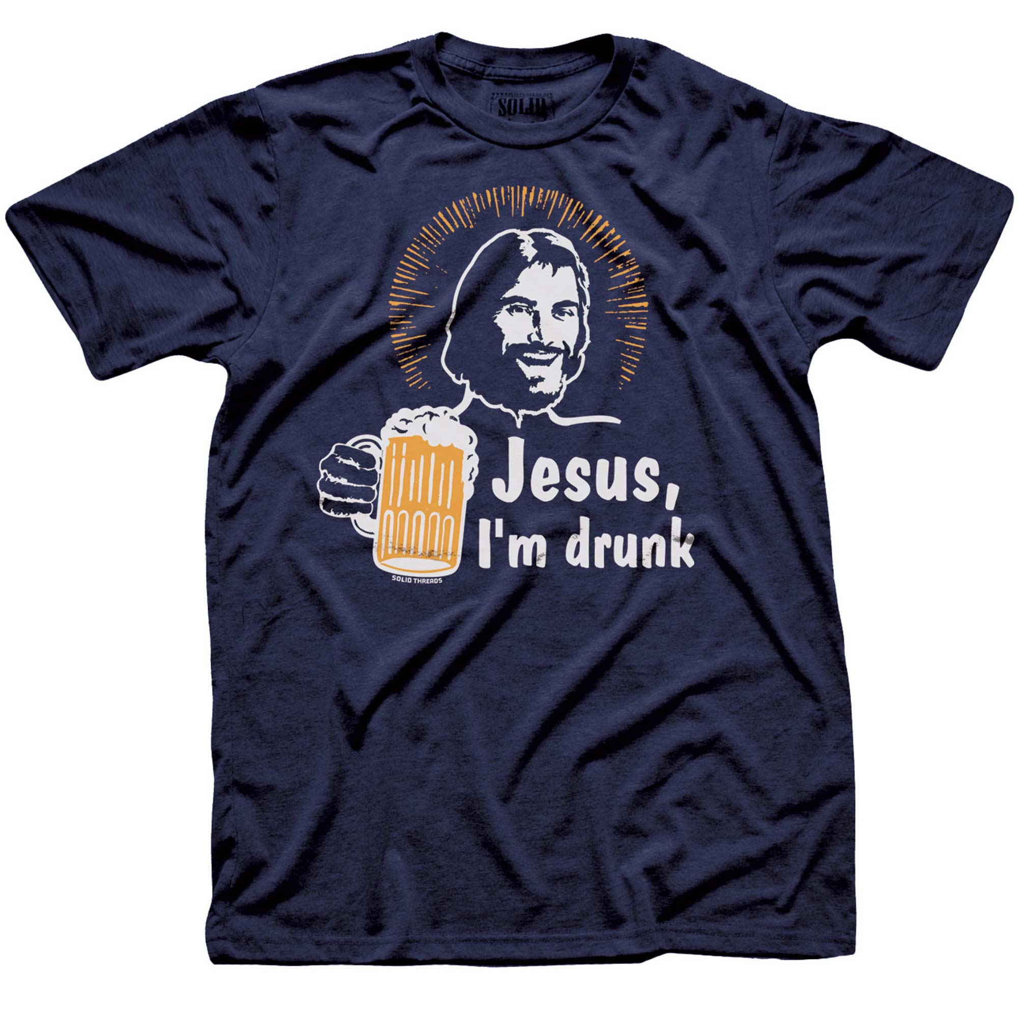 Men's Jesus I'm Drunk Funny Graphic T-Shirt Navy | Vintage Christmas Drinking Tee | Solid Threads