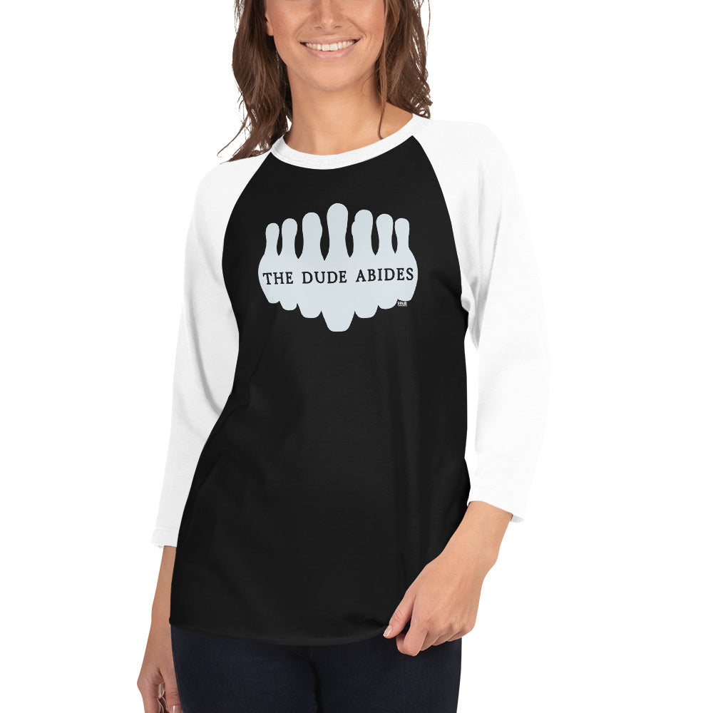 Dude Abides Cool Graphic Raglan Tee | Coen Brothers Movie Baseball T-shirt on Female Model | Solid Threads