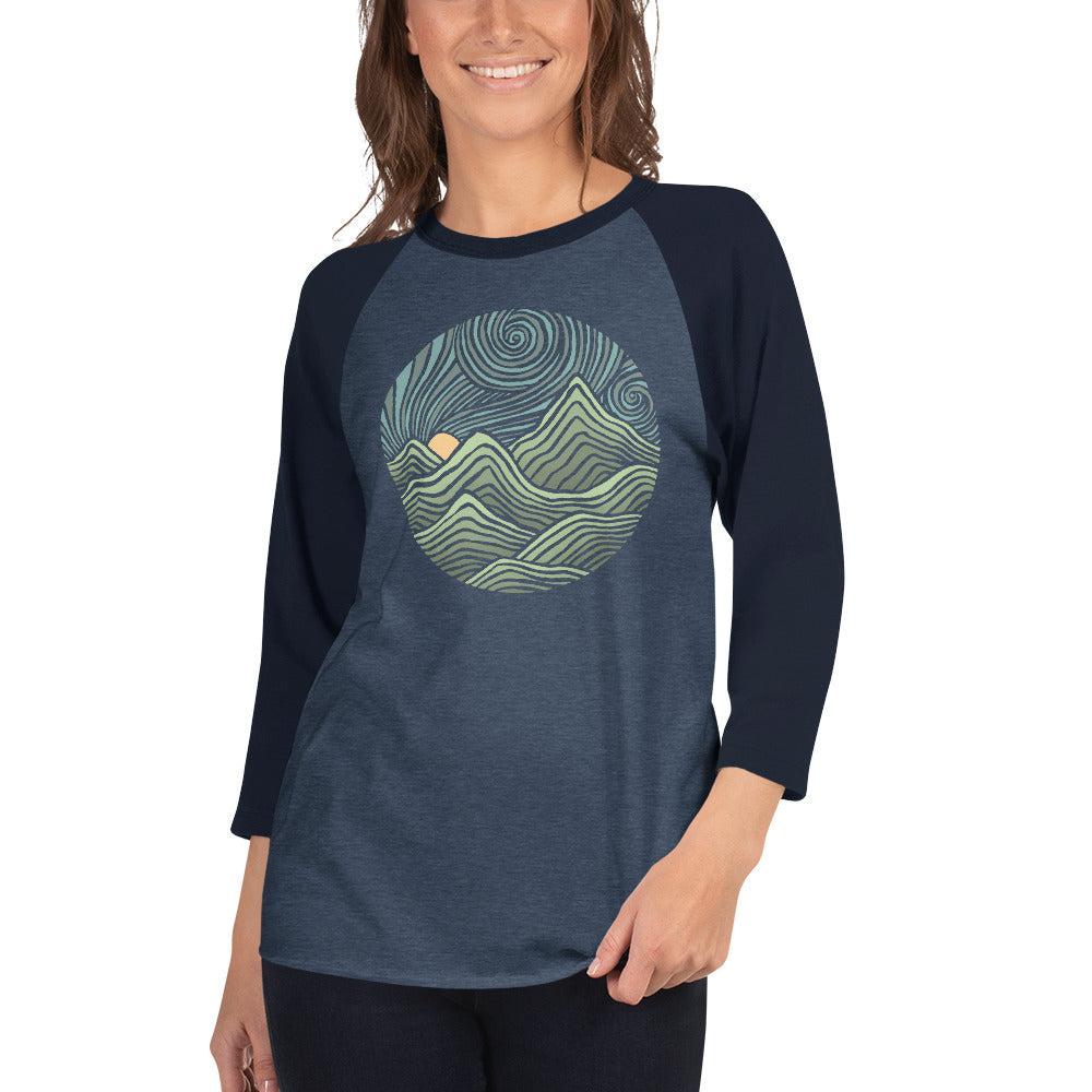Swirly Mountains Vintage Graphic Raglan Tee | Cool Nature Baseball T-shirt on Female Model | Solid Threads