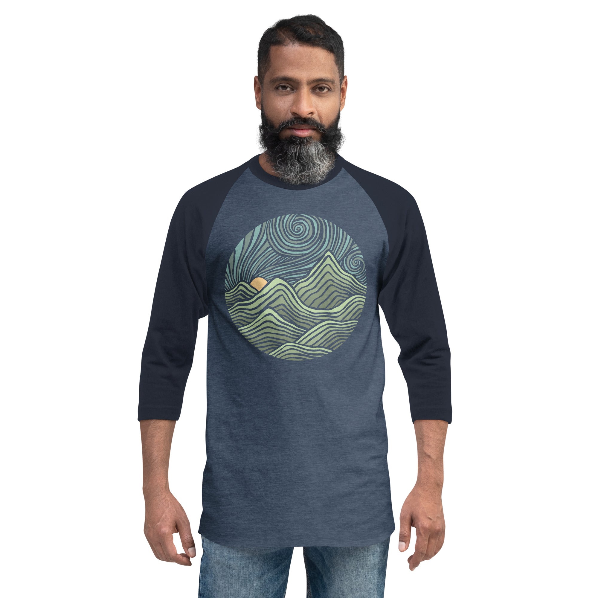 Swirly Mountains Vintage Graphic Raglan Tee | Cool Nature Baseball T-shirt on Male Model | Solid Threads