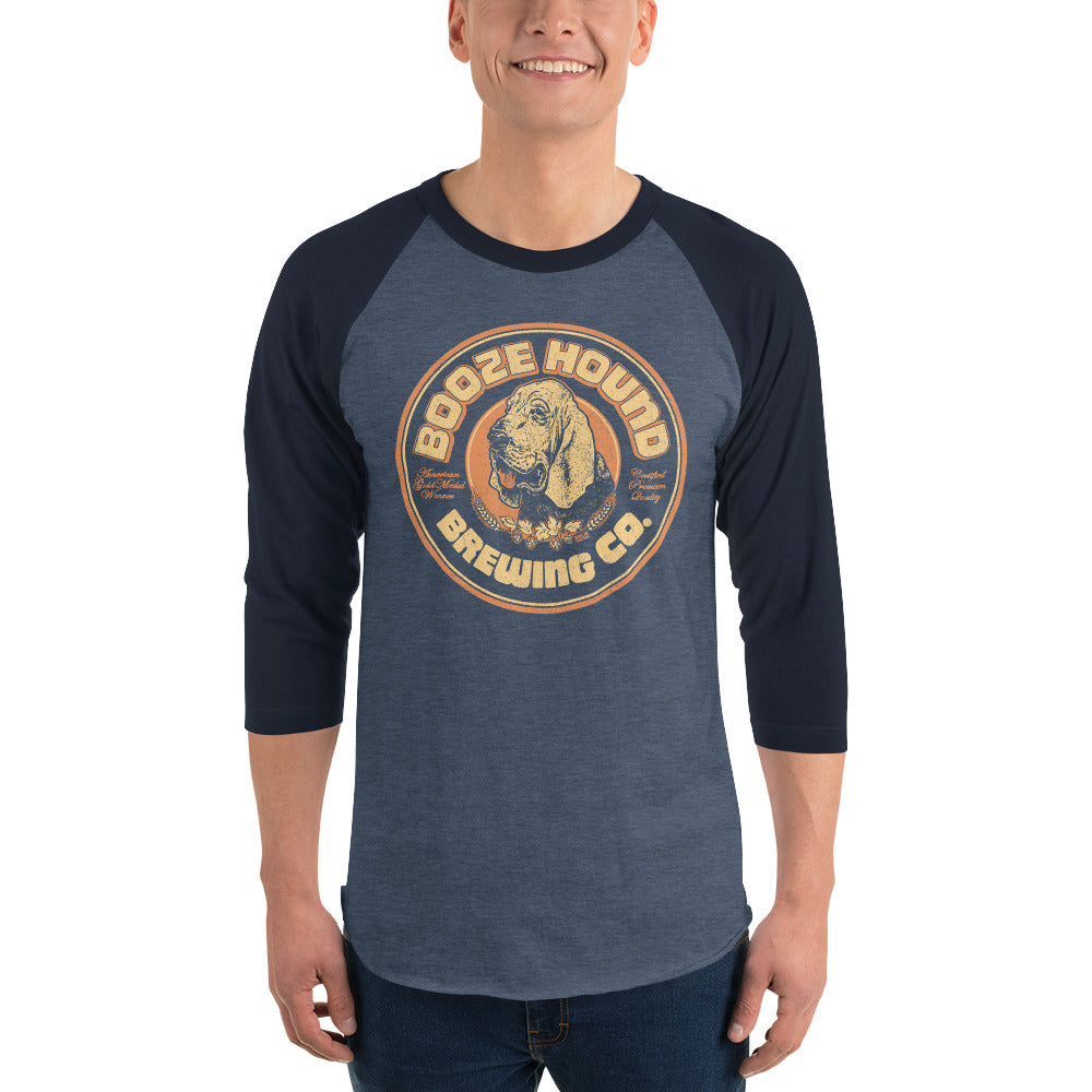 Boozehound Brewing Retro Graphic Raglan Tee | Funny Beer Baseball T-shirt on Male Model | Solid Threads