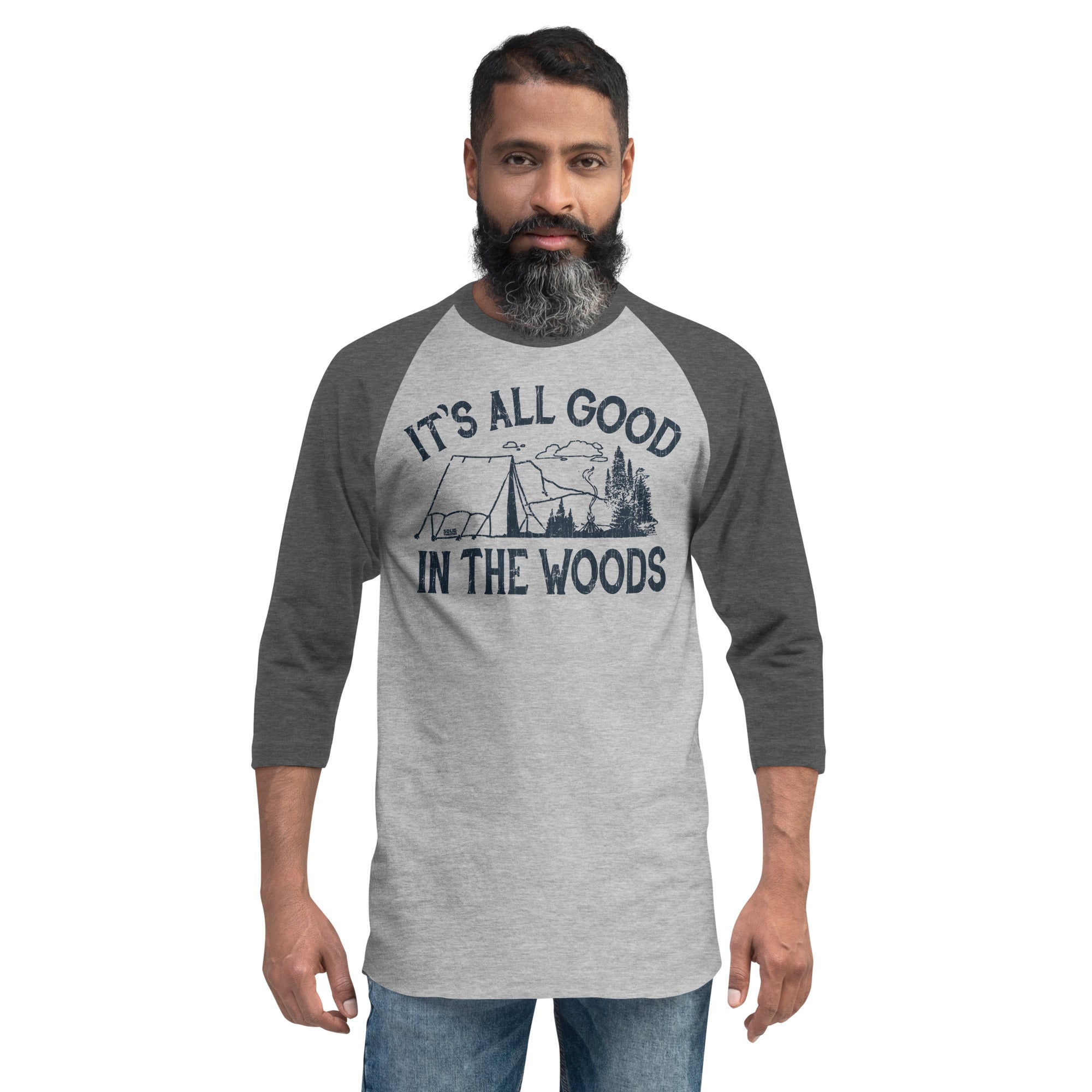 All Good In The Woods Funny Graphic Raglan Tee | Vintage Baseball T-shirt on Male Model | Solid Threads