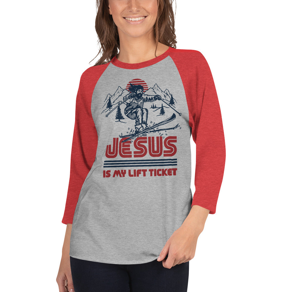 Jesus is My Lift Ticket Funny Graphic Raglan Tee | Vintage Skiing Baseball T-shirt on Female Model | Solid Threads