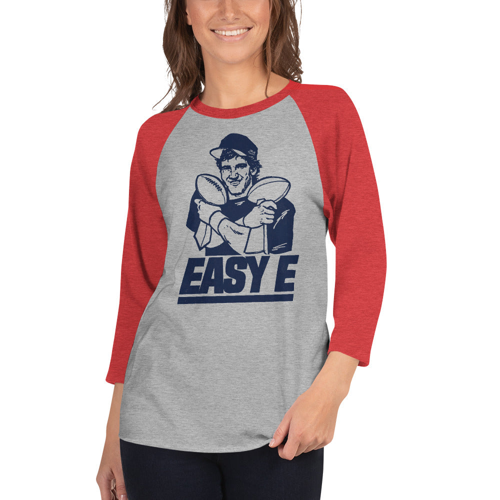 Easy E Vintage Sports Graphic Raglan Tee | Funny NY Giants Grey Baseball T-shirt on Female Model | Solid Threads
