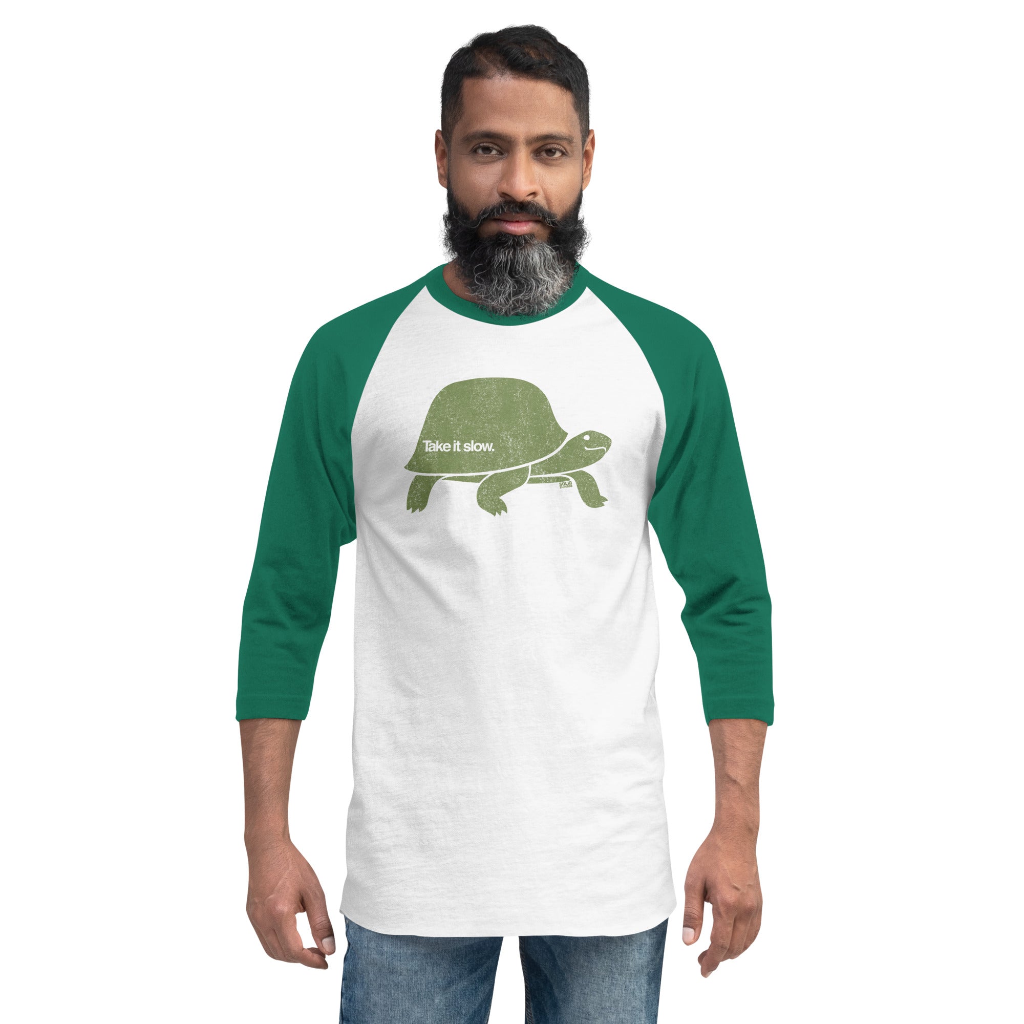 Take It Slow Vintage Turtle Graphic Raglan Tee | Cool Baseball T-shirt on Male Model | Solid Threads