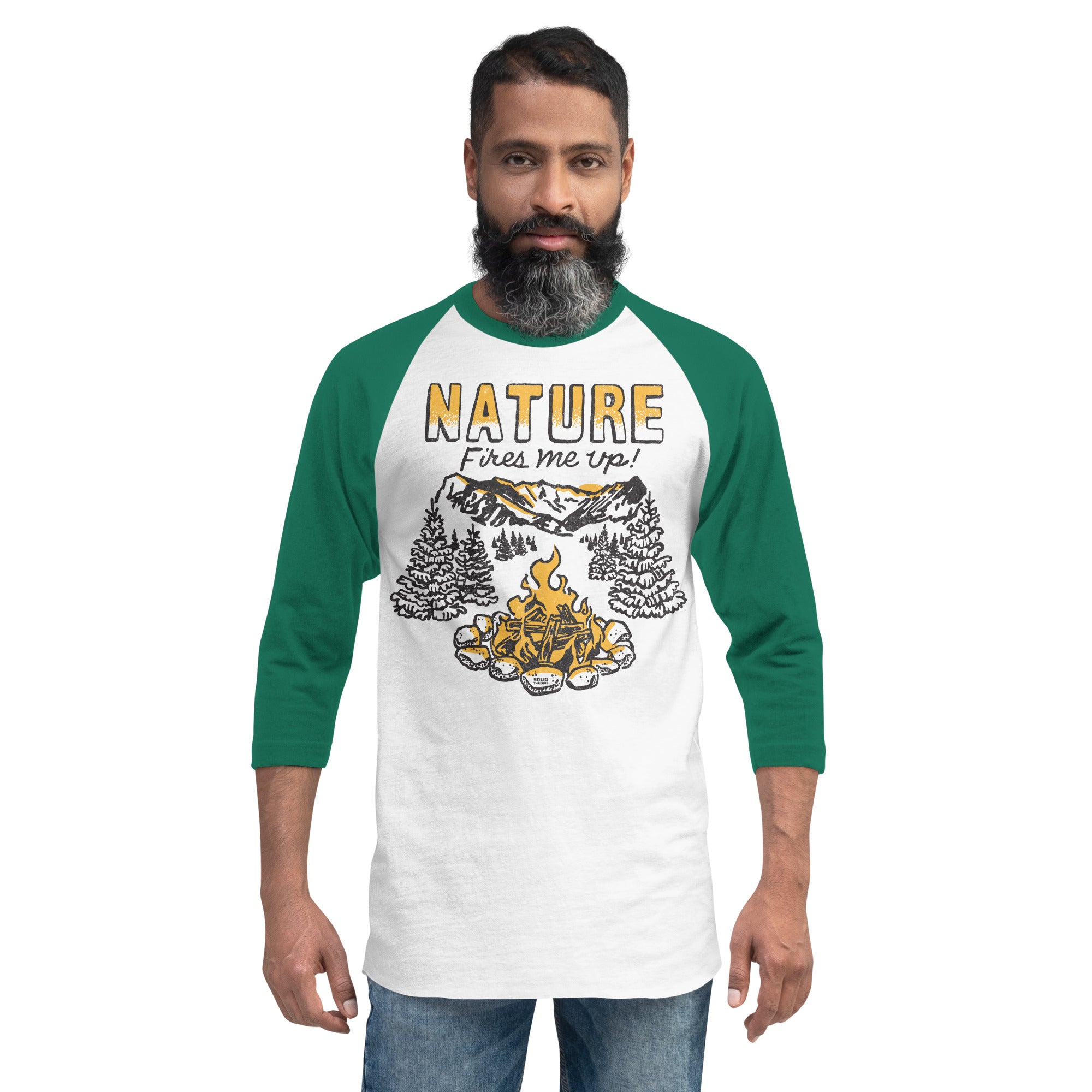 Nature Fires Me Up Retro Graphic Raglan Tee | Funny Camp Baseball T-shirt On Male Model | Solid Threads