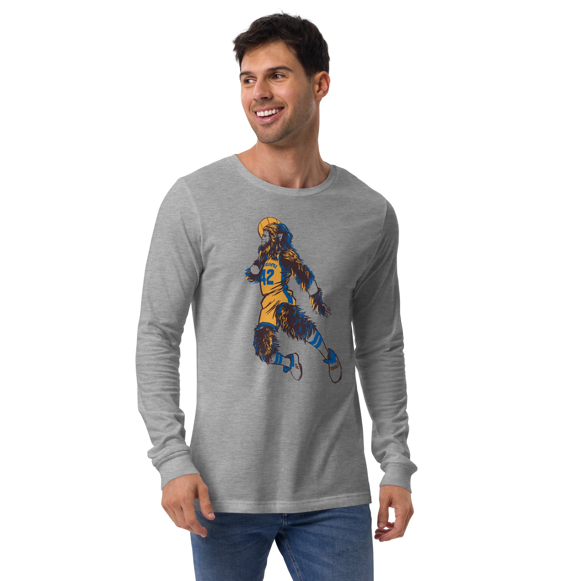 Teen Wolf 80s Movie Long Sleeve Tee | Retro Michael J. Fox Grey T Shirt on Model | SOLID THREADS