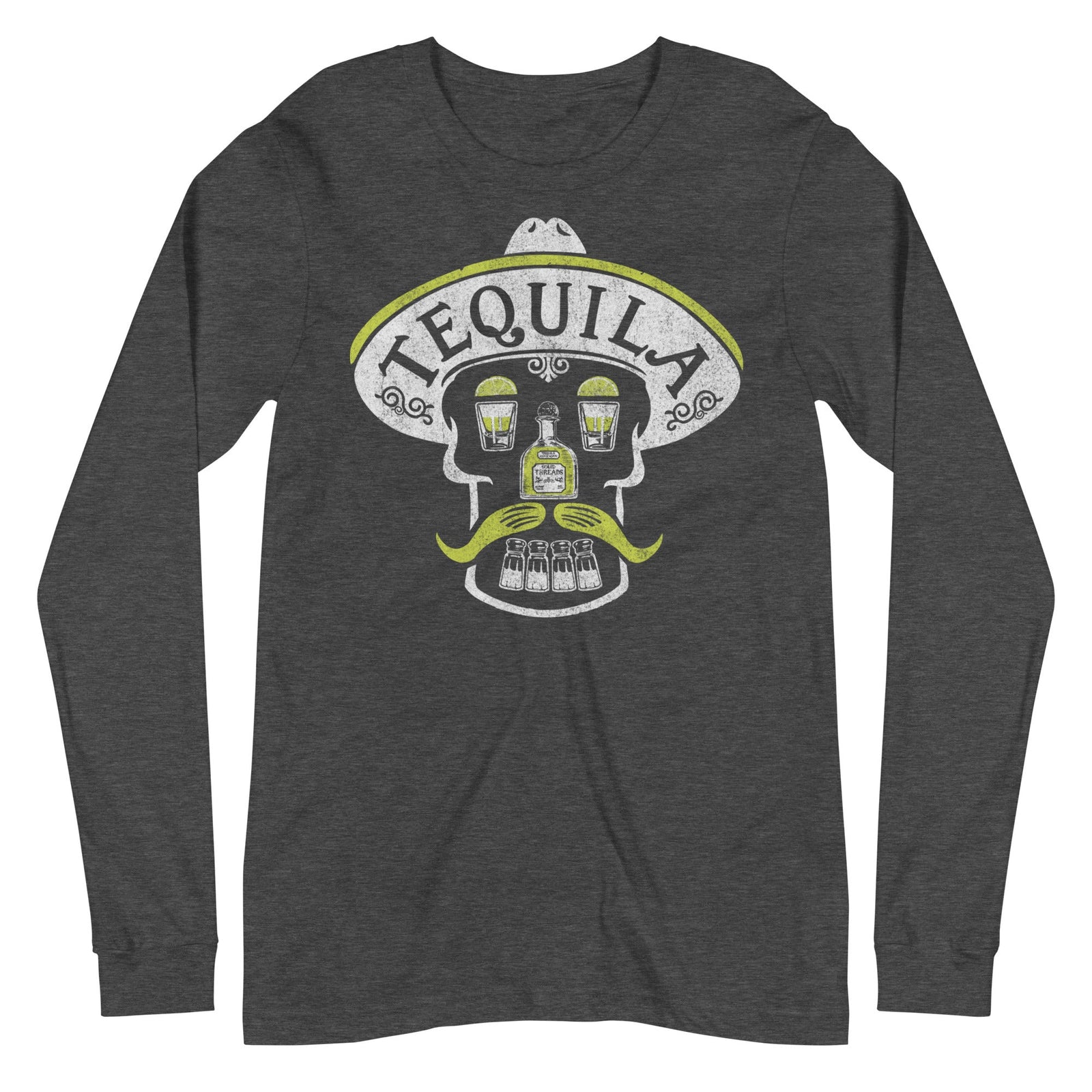 Tequila Skull Vintage Graphic Long Sleeve Tee | Retro Drinking T-Shirt | Solid Threads