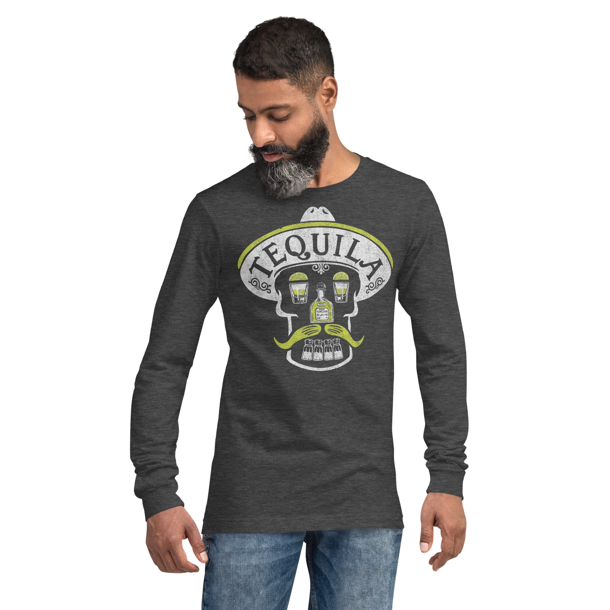 Tequila Skull Vintage Graphic Long Sleeve Tee | Retro Drinking T-Shirt Model Closeup | Solid Threads