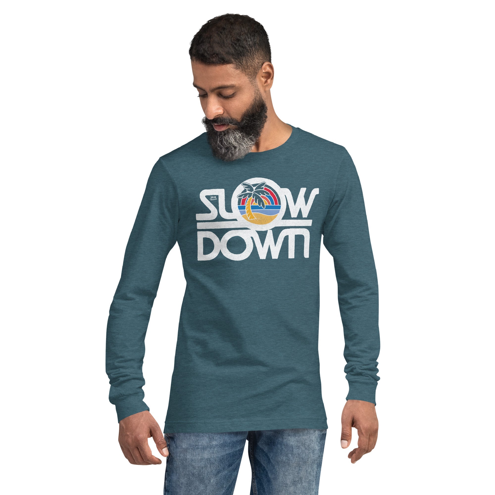Slow Down Vintage Long Sleeve Tee | Retro Beach Vacation Soft Blend Green T-shirt on Model | SOLID THREADS
