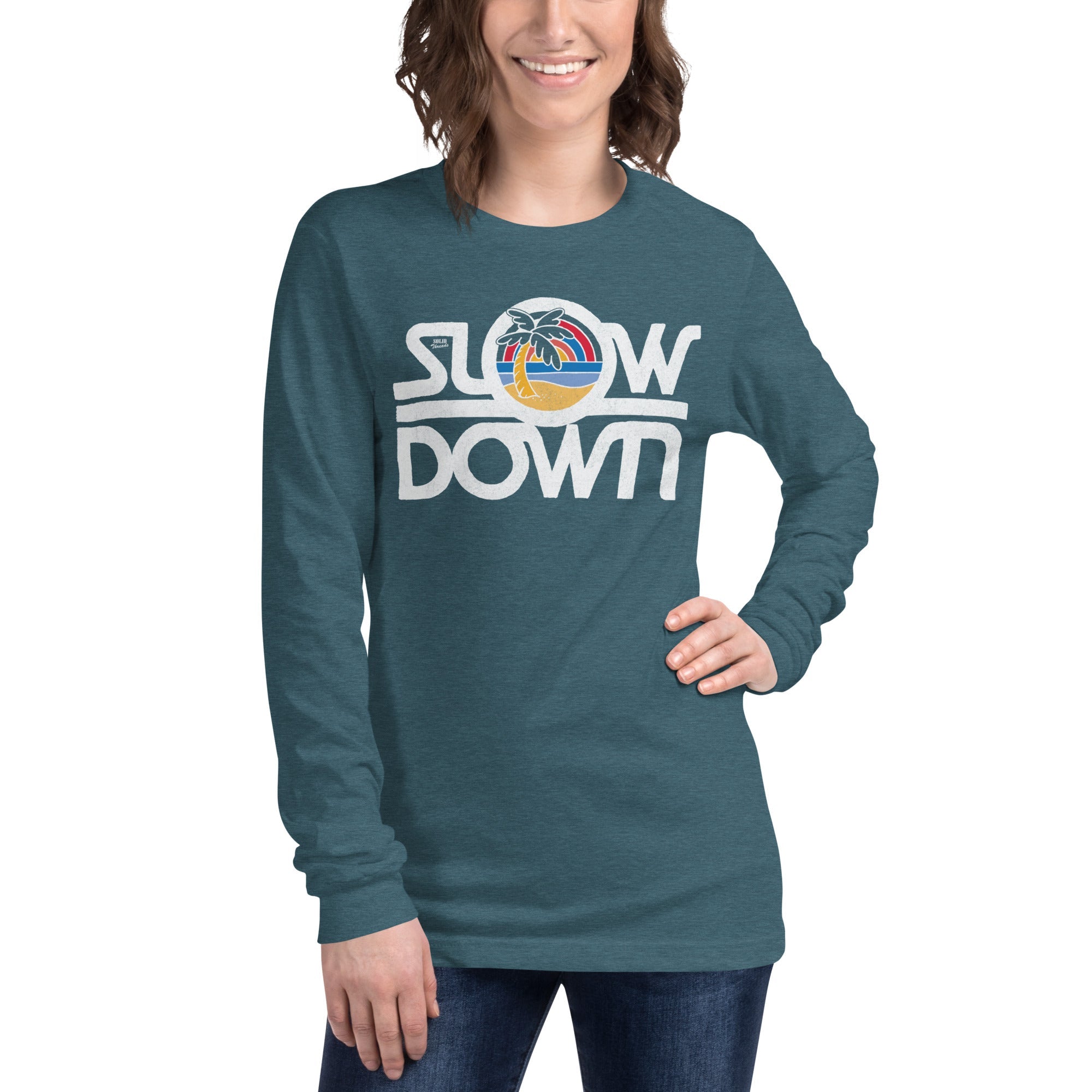 Slow Down Vintage Long Sleeve Tee | Retro Beach Vacation Soft Blend Green T-shirt on Model | SOLID THREADS
