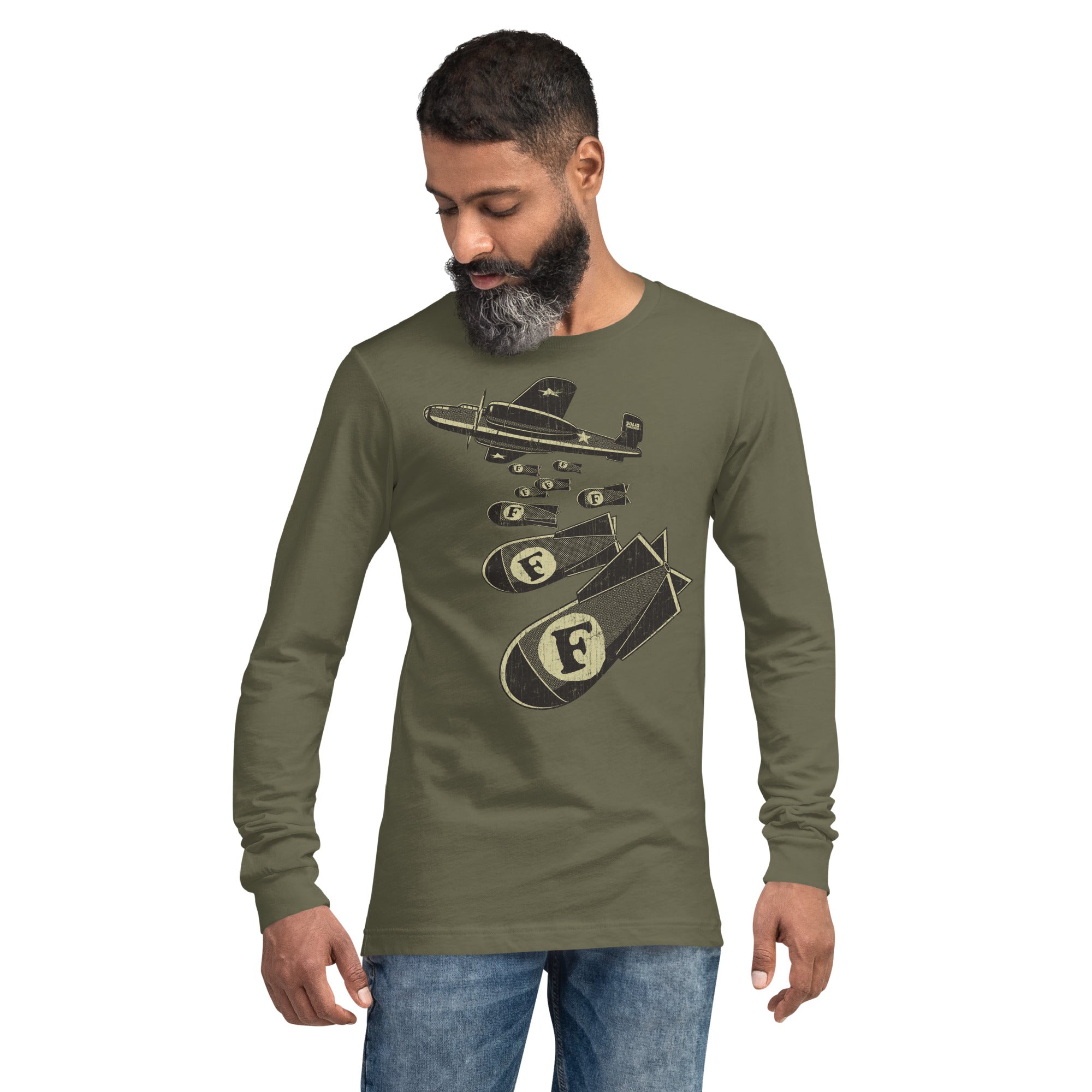 F Bombs Funny Double Entendre Long Sleeve Tee | Vintage Swearing Pun Soft T-Shirt on Model | SOLID THREADS