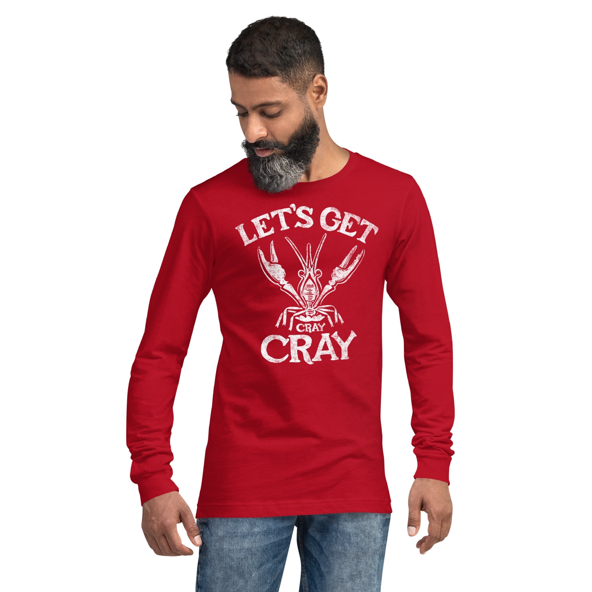 Let's Get Cray Cray Funny Long Sleeve T Shirt | Vintage Seafood Graphic Tee On Model | Solid Threads