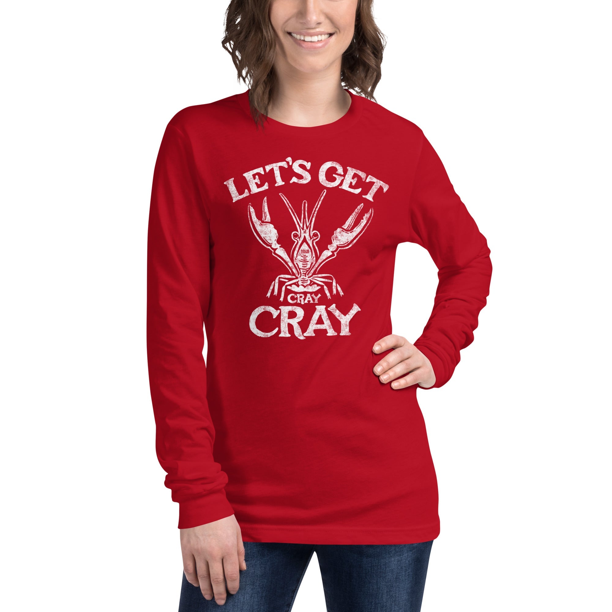 Let's Get Cray Cray Funny Long Sleeve T Shirt | Vintage Seafood Graphic Tee On Model | Solid Threads
