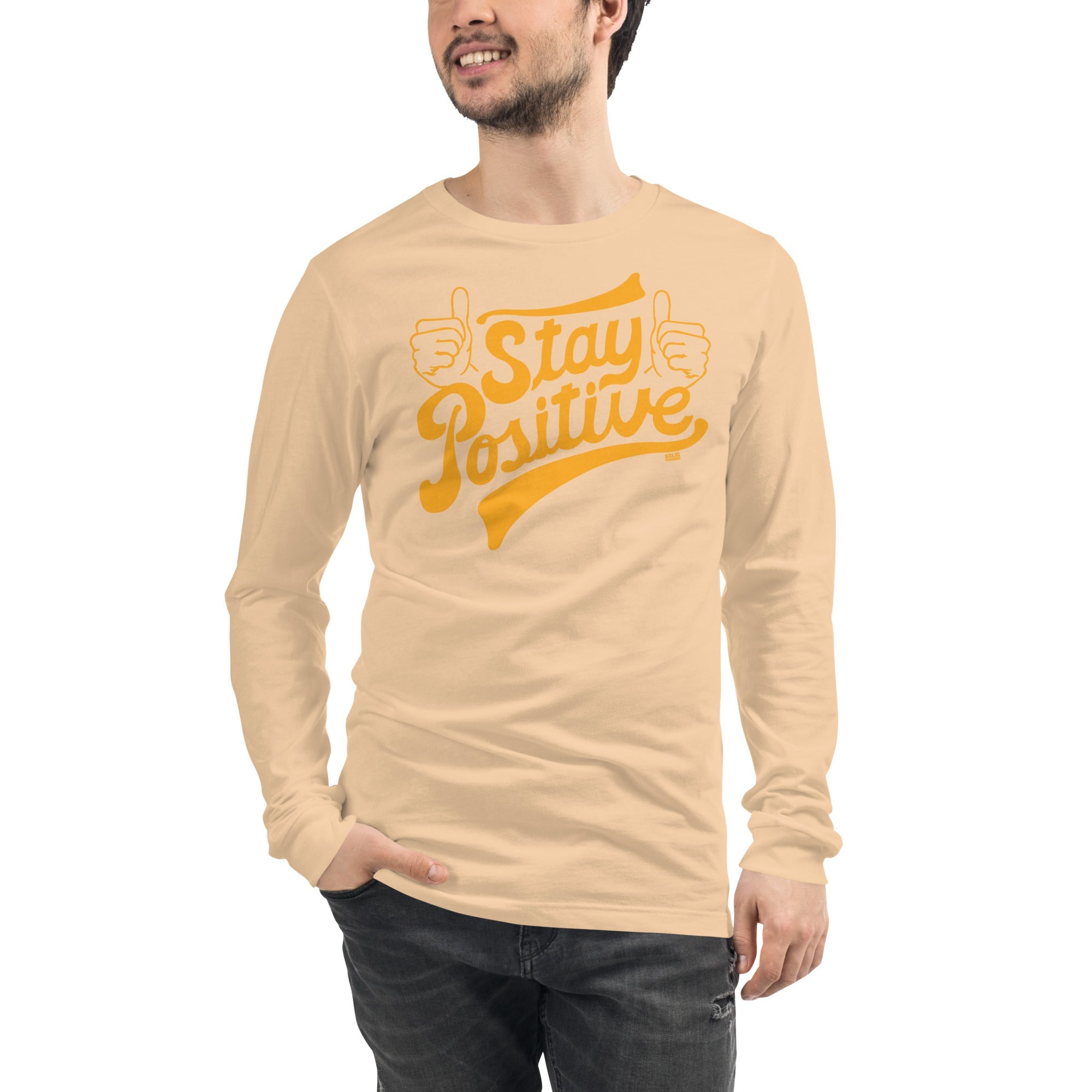 Stay Positive Vintage Graphic Long Sleeve Tee | Retro Mindfulness T-Shirt on Model | Solid Threads