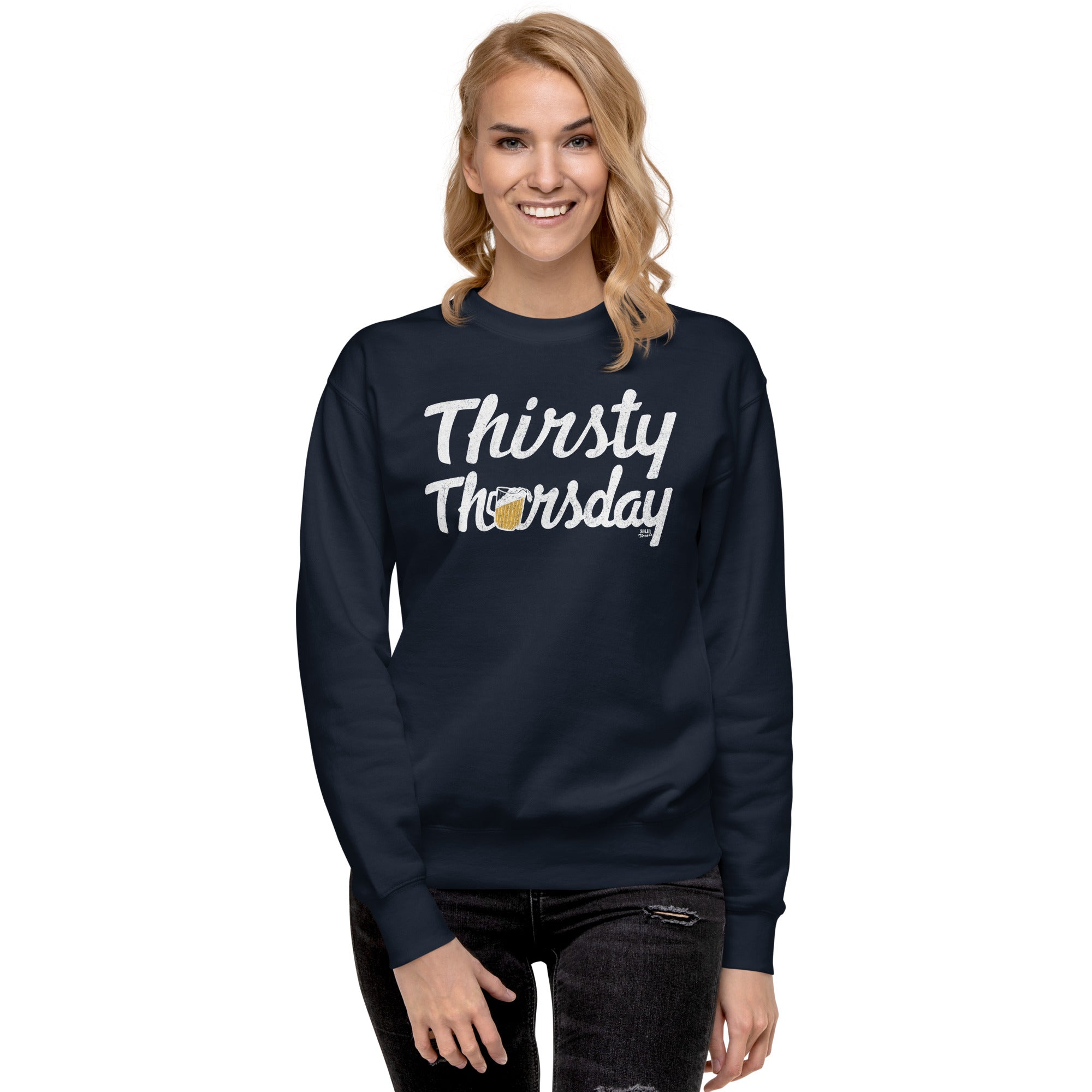 Thirsty Thursday Vintage Classic Sweatshirt | Funny Drinking Fleece on Model | Solid Threads