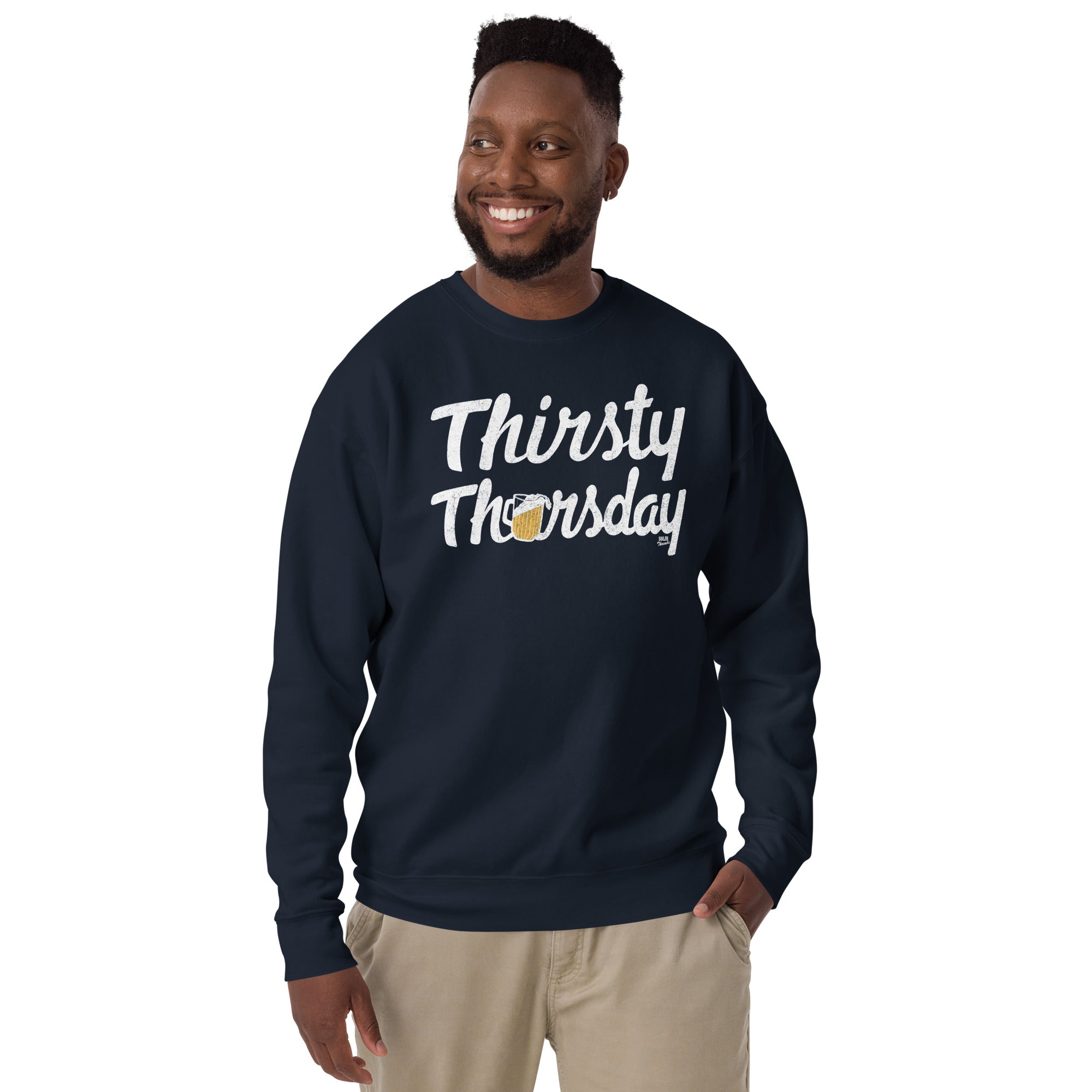 Thirsty Thursday Vintage Classic Sweatshirt | Funny Drinking Fleece on Model | Solid Threads