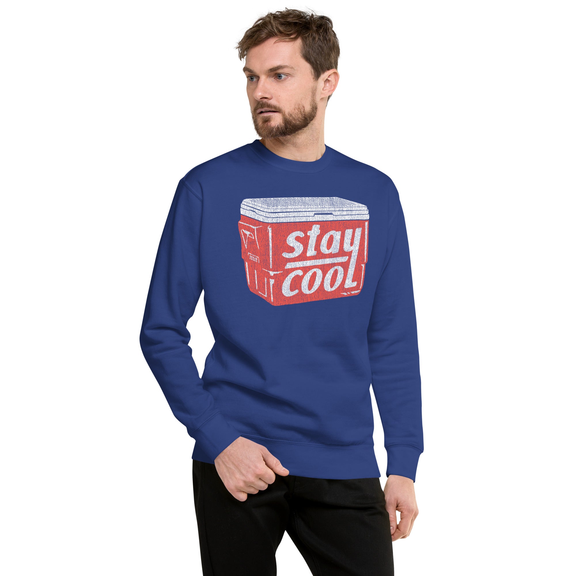 Stay Cool Vintage Classic Sweatshirt | Retro Summer Drinking Fleece on Model | Solid Threads