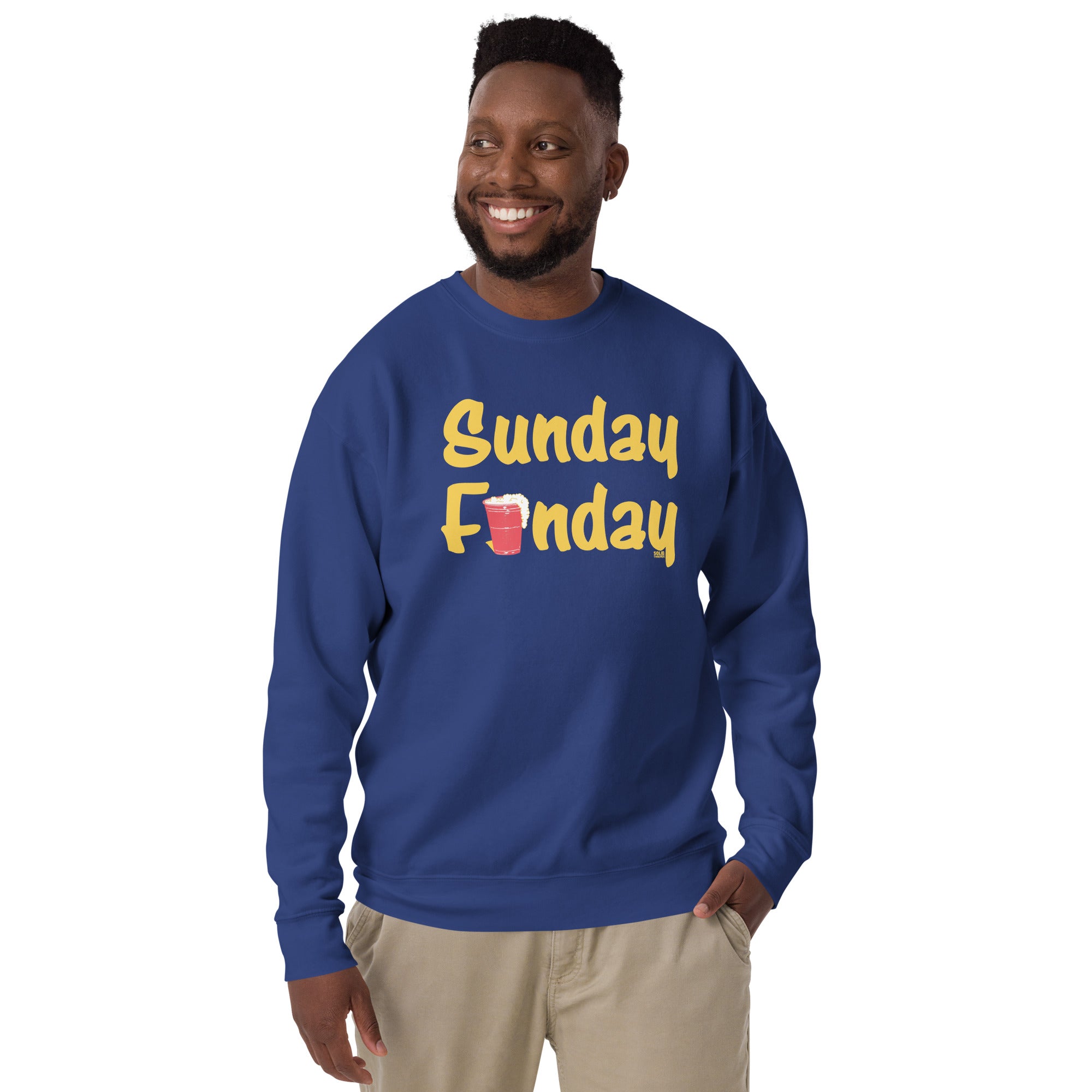 Sunday Funday Vintage Classic Sweatshirt | Funny Drinking Fleece on Model | Solid Threads