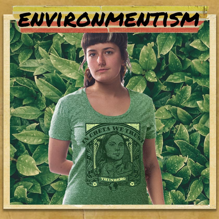 Vintage environmentalism t-shirts and cool retro counter climate change graphic tees. Ethically sourced in the USA and printed with ecofriendly inks.