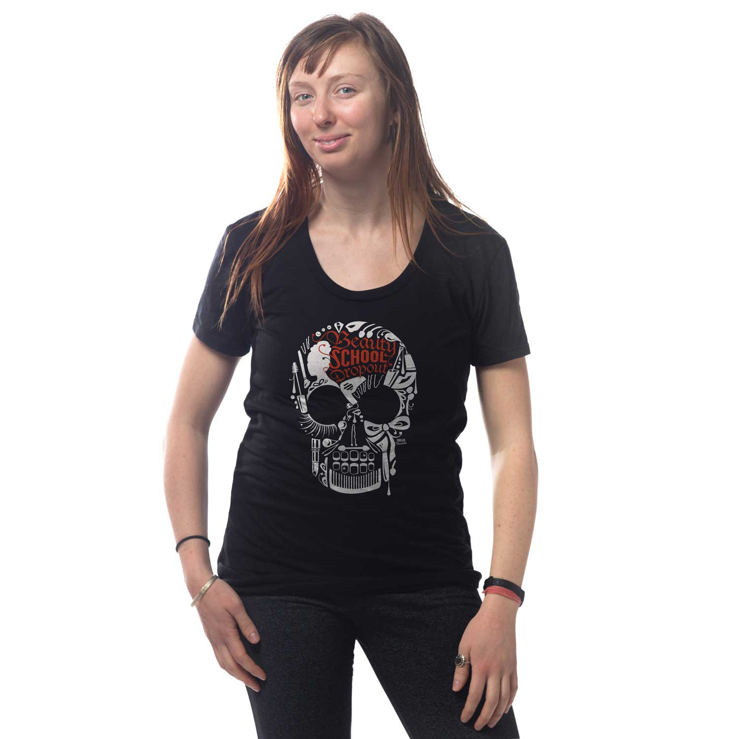 Women's Beauty School Dropout Graphic Tee | Cool Skull T-shirt on Model | Solid Threads