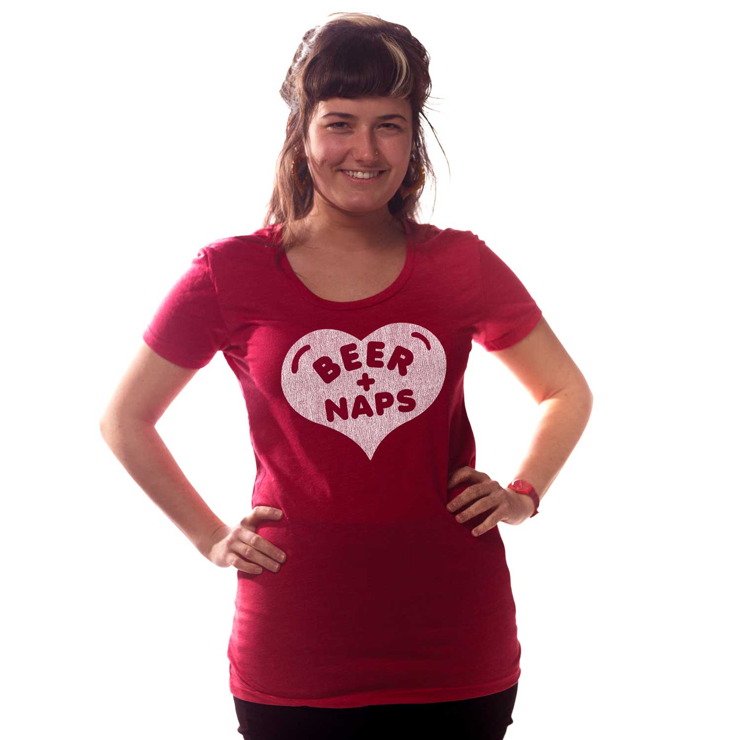 Women's Beer + Naps Funny Party Graphic T-Shirt | Retro Drinking Tee on Model | Solid Threads