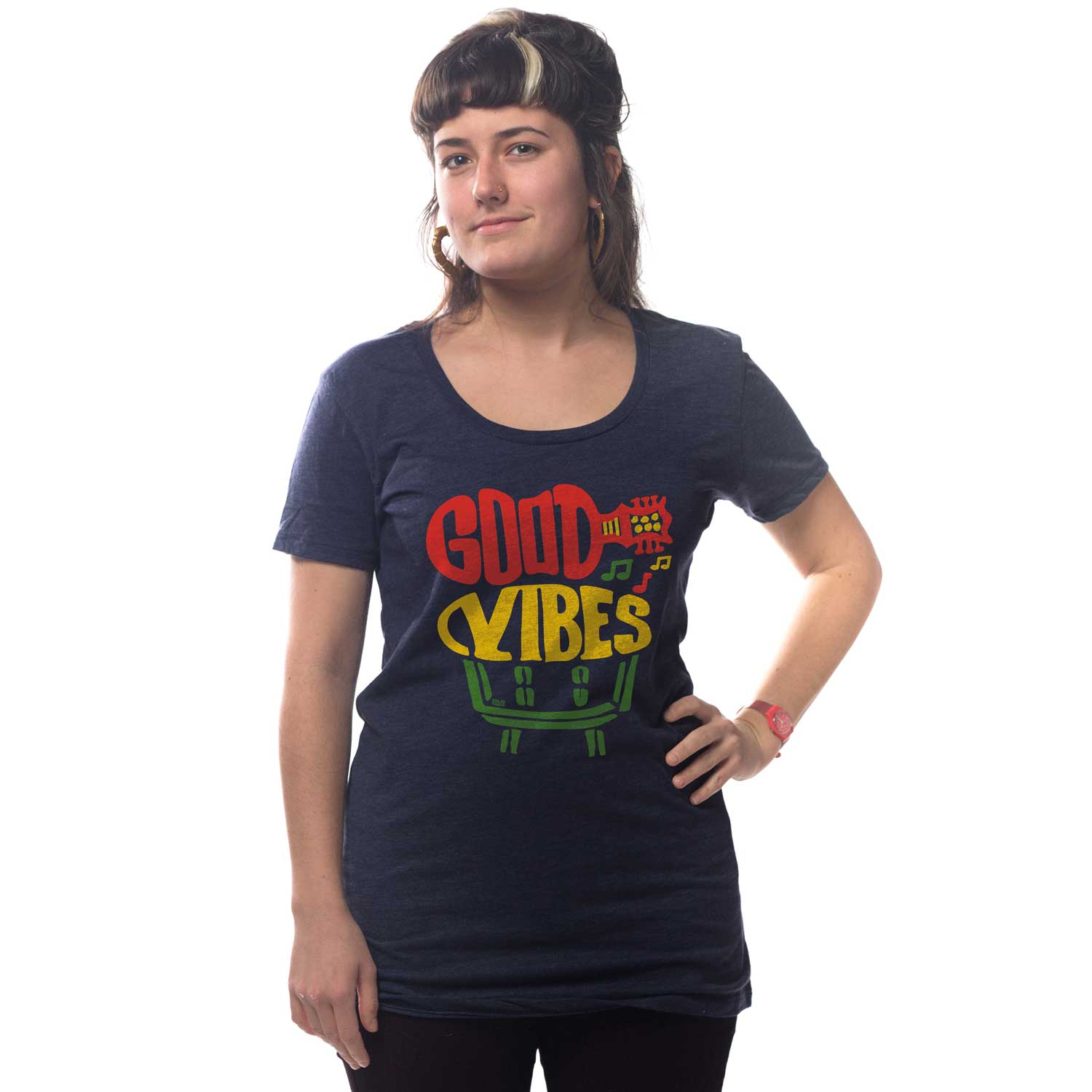 Women's Good Vibes Vintage Graphic Tee | Retro Music T-shirt on Model | Solid Threads
