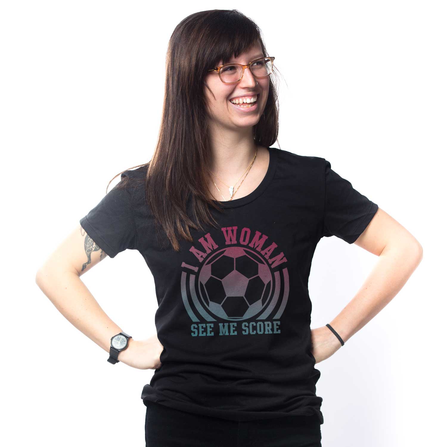 Women's I Am Woman See Me Score Vintage Graphic Tee | Funny Soccer Black T-Shirt | Solid Threads