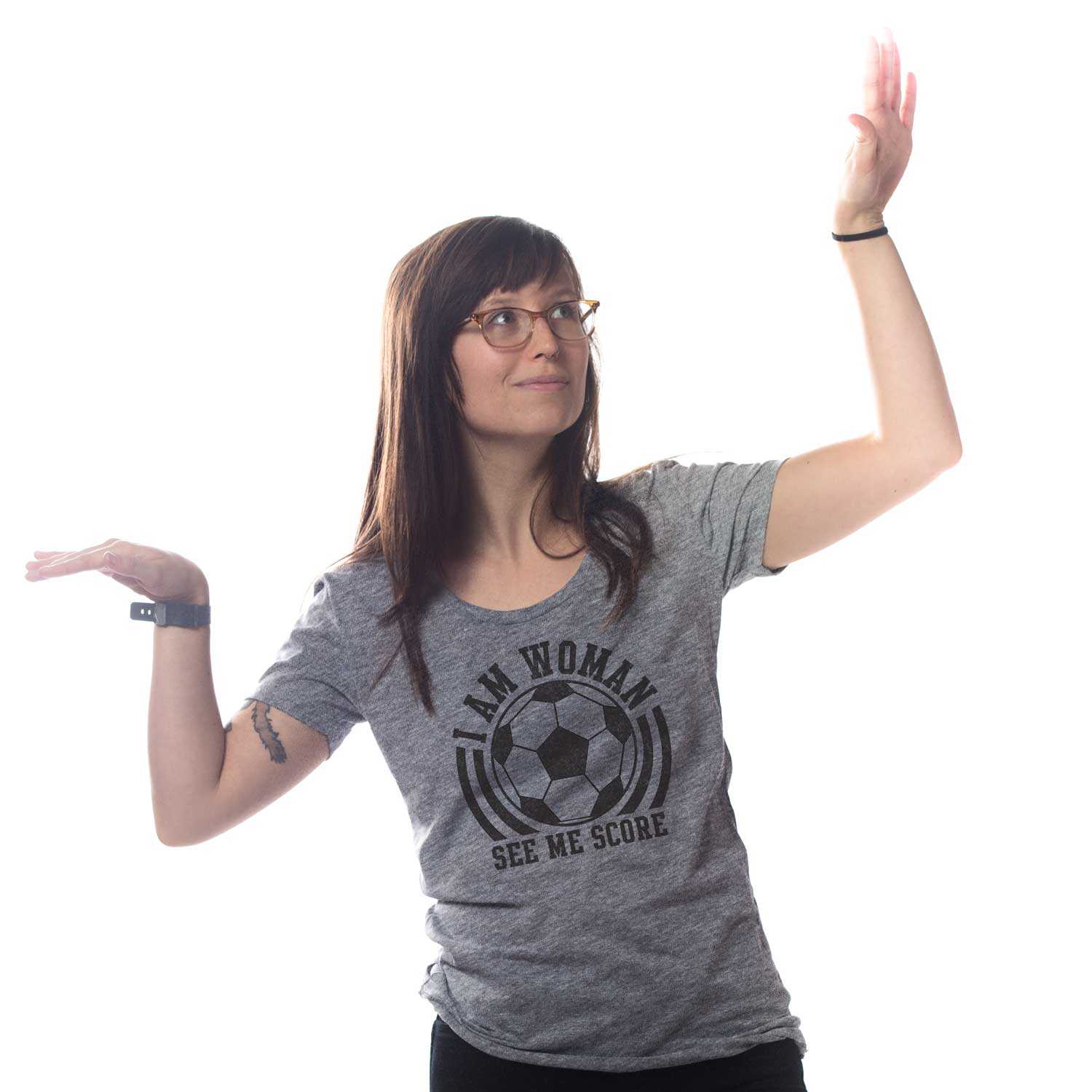 Women's I Am Woman Vintage Graphic Tee | Funny Women's Soccer Grey T-Shirt on Model | Solid Threads