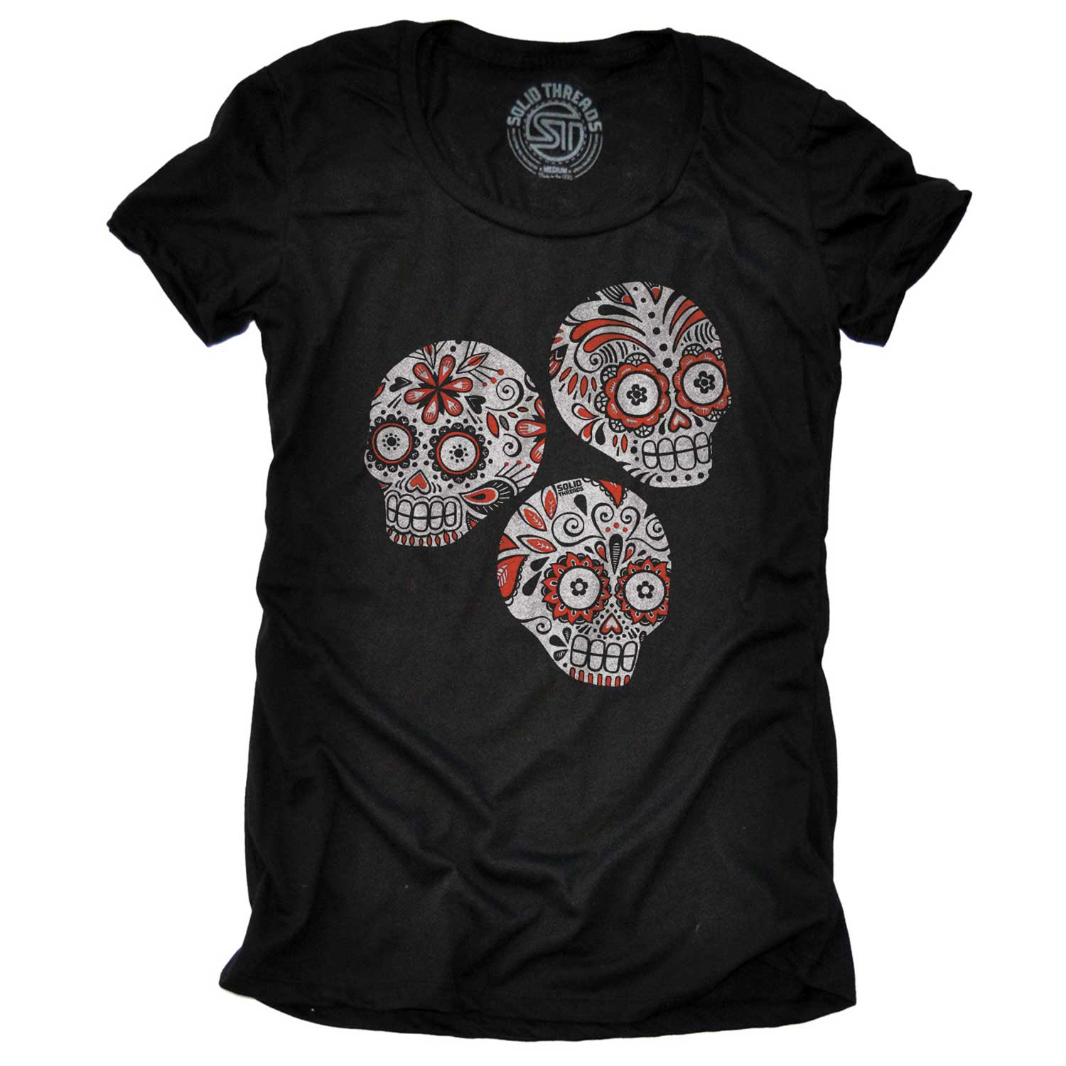 Women's Sugar Skulls Vintage Graphic Tee | Retro Día de los Muertos T-shirt | Solid Threads