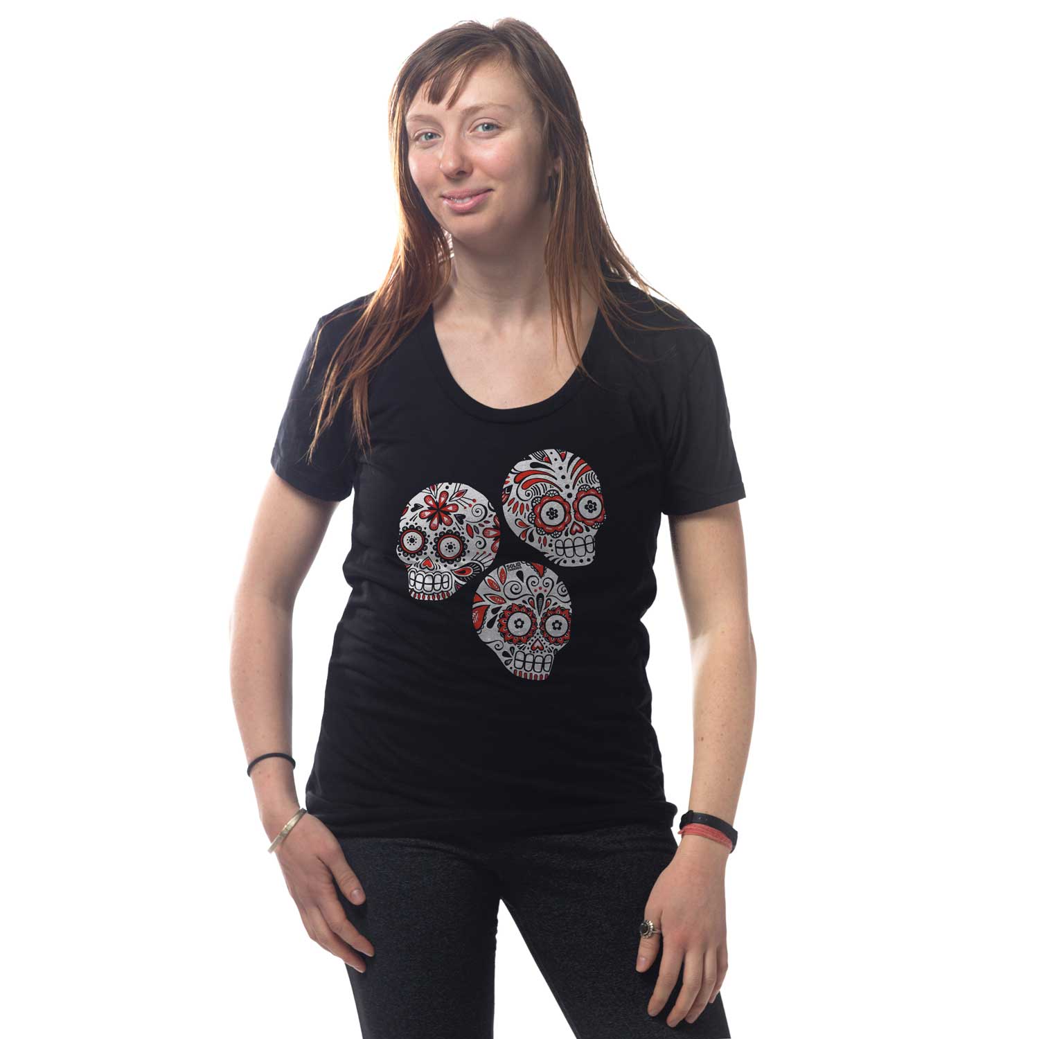 Women's Sugar Skulls Vintage Graphic Tee | Retro Día de los Muertos T-shirt on Model | Solid Threads