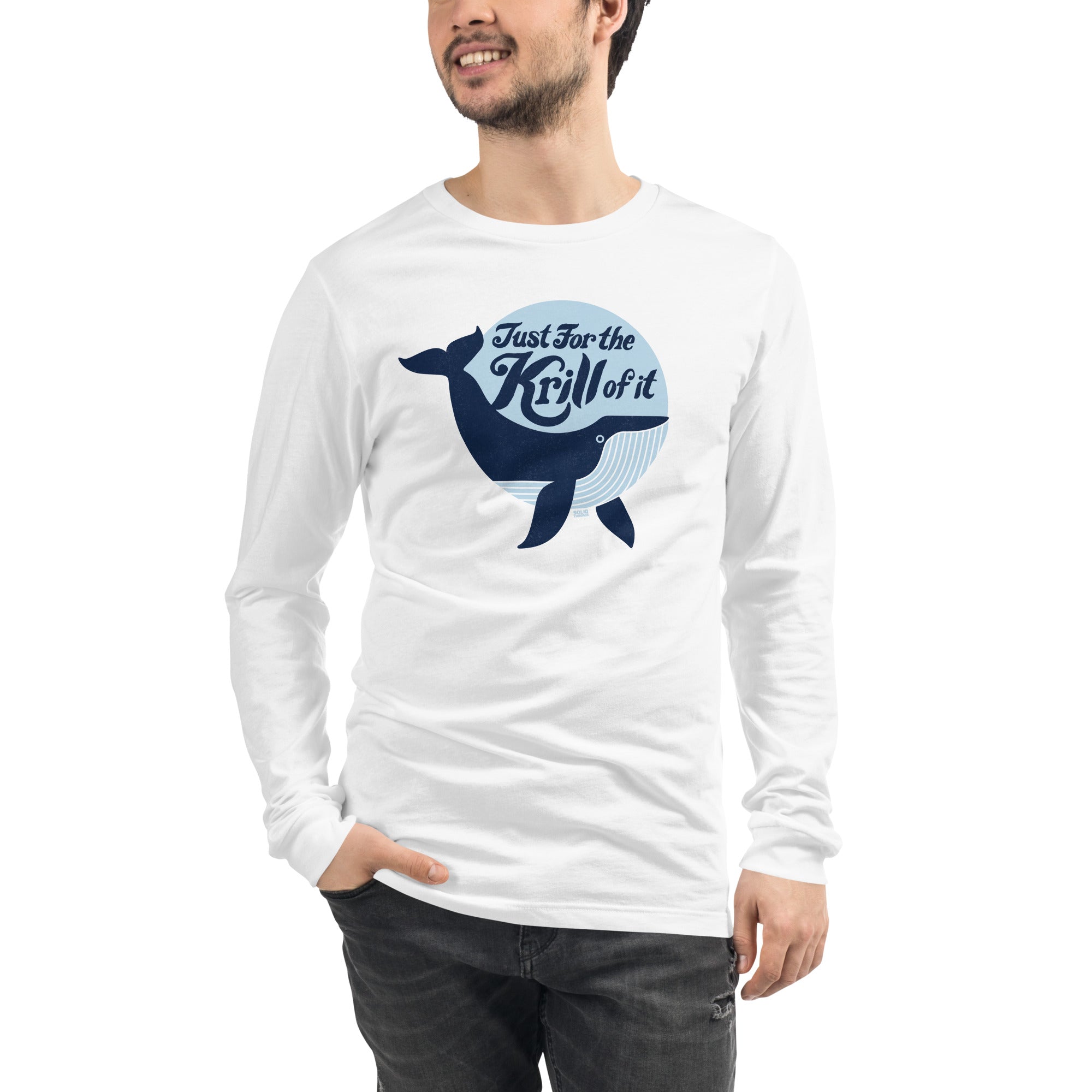 Men's Just For The Krill Of It Retro Long Sleeve T Shirt | Funny Whale Graphic Tee | Solid Threads