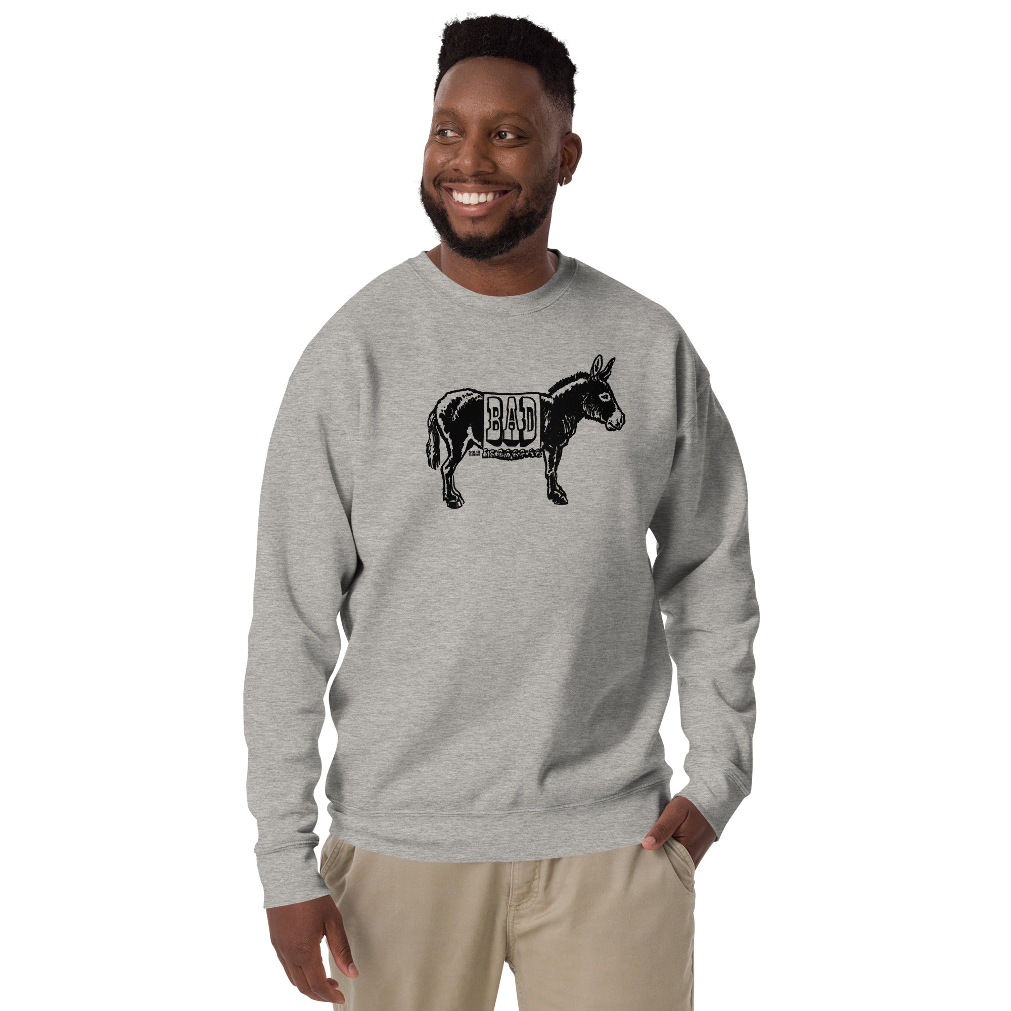 Men's Bad Ass Funny Classic Sweatshirt | Cool Donkey Pun Fleece On Model | Solid Threads