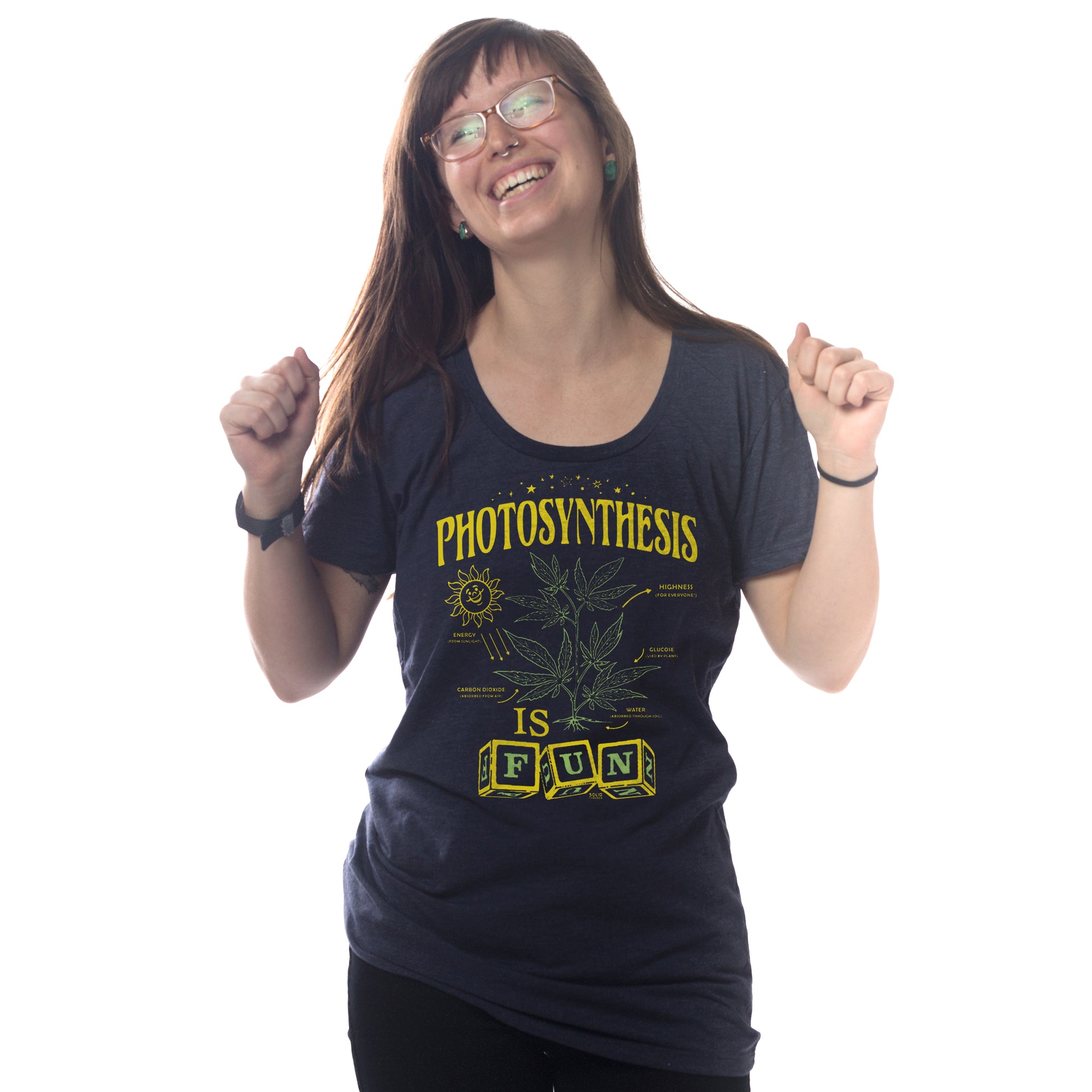 Women's Photosynthesis Funny Graphic Tee | Vintage Marijuana Soft T-Shirt on Model | Solid Threads
