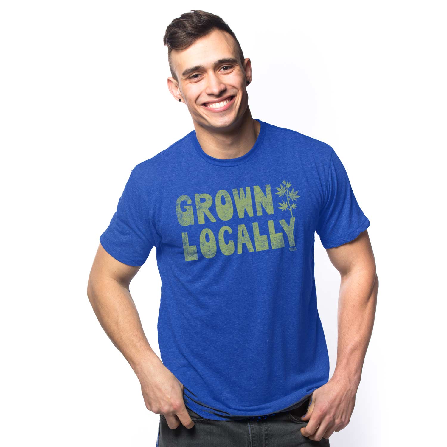 Men's Ganja Groan Locally Cool Graphic Tee | Retro Marijuana Blue T-Shirt On Model | Solid Threads