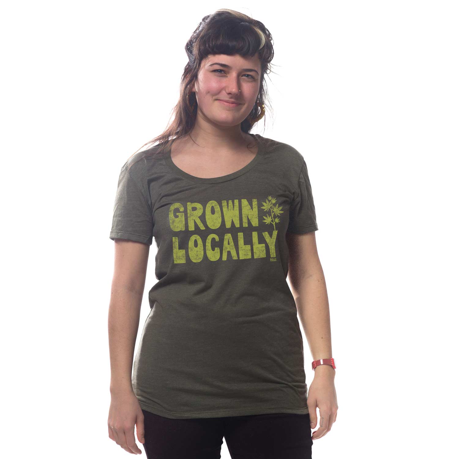 Women's Ganja Grown Locally Vintage Graphic Tee | Retro 420 Green T-Shirt on Model | Solid Threads