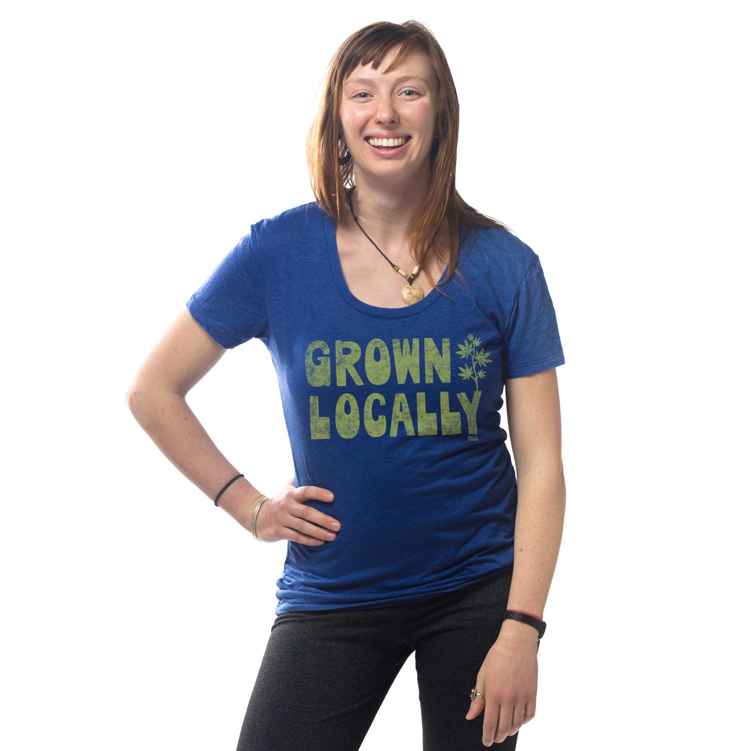 Women's Ganja Grown Locally Vintage Graphic Tee | Retro 420 Blue T-Shirt on Model | Solid Threads
