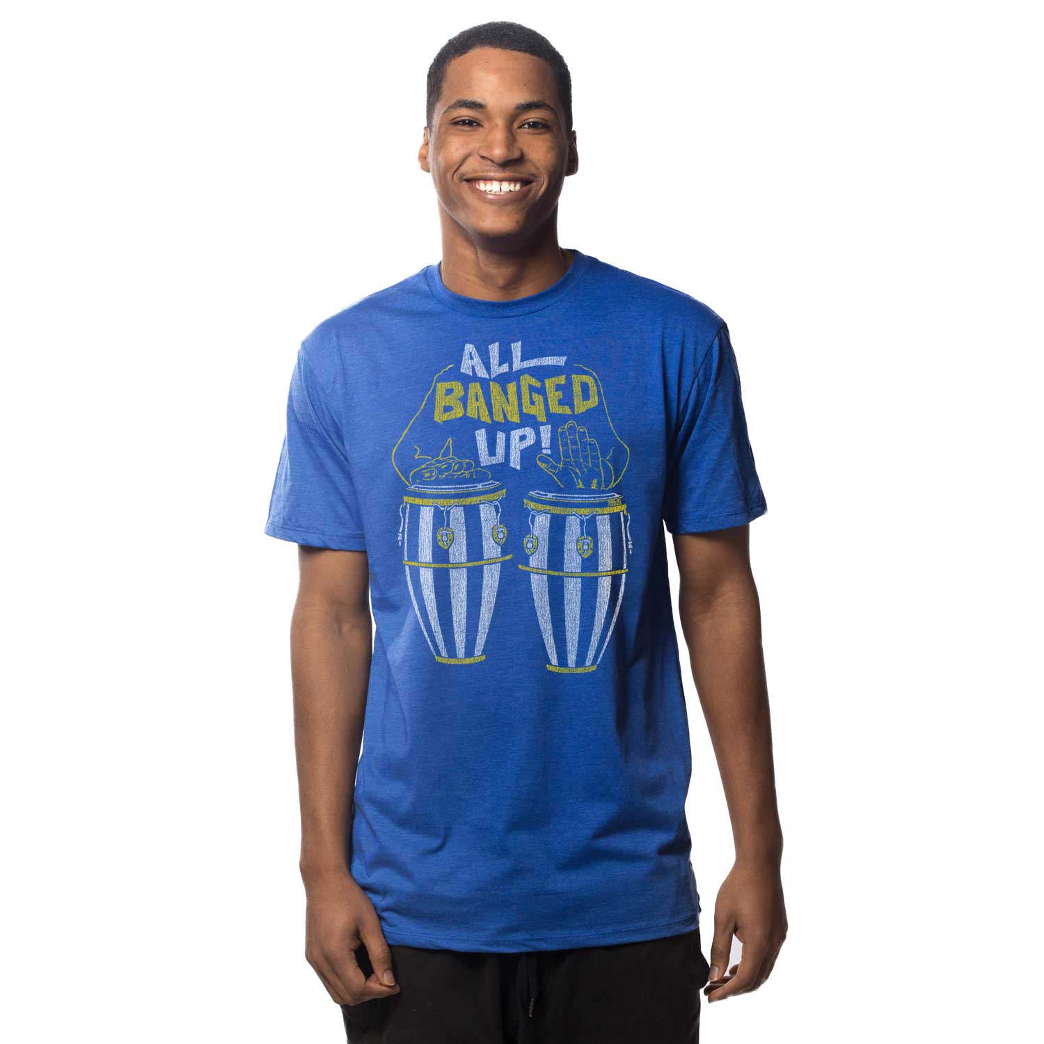 Men's All Banged Up Vintage Bongos Graphic T-Shirt | Funny NOLA Blue Tee on Model | Solid Threads