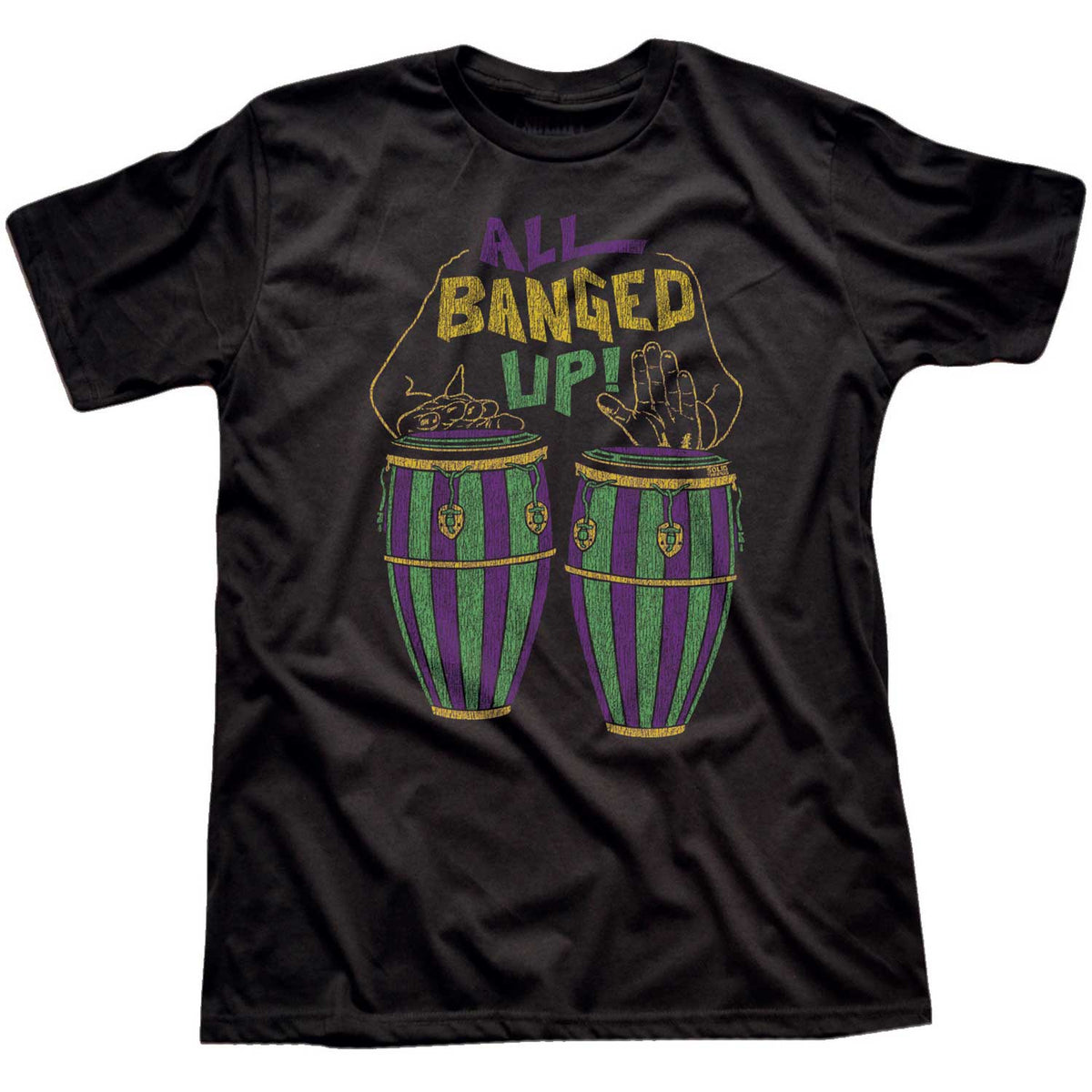 Men&#39;s All Banged Up Vintage Bongos Graphic T-Shirt | Funny New Orleans Black Tee | Solid Threads